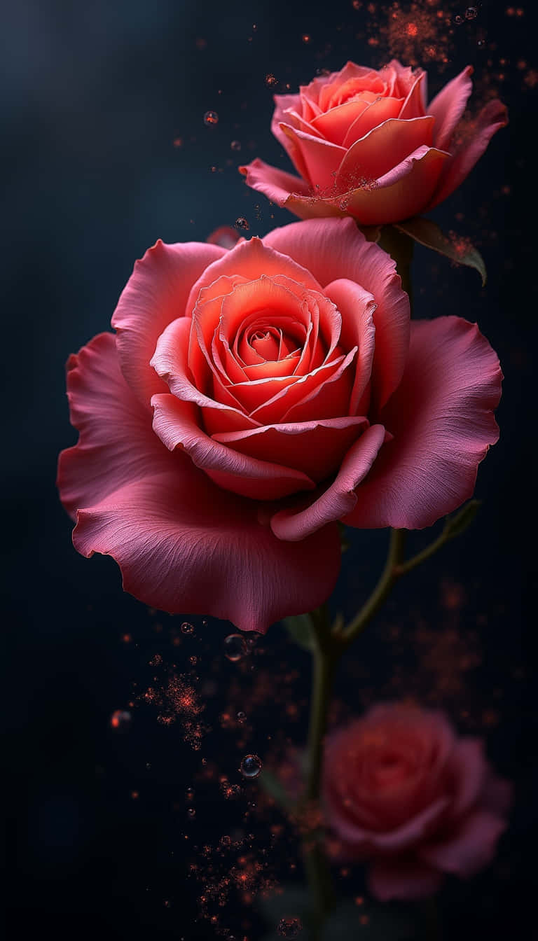 花卉 桌布 壁紙 — 兩朵充滿活力的粉紅玫瑰在黑暗背景下綻放，發光粒子環繞著它們精緻的花瓣旋轉。