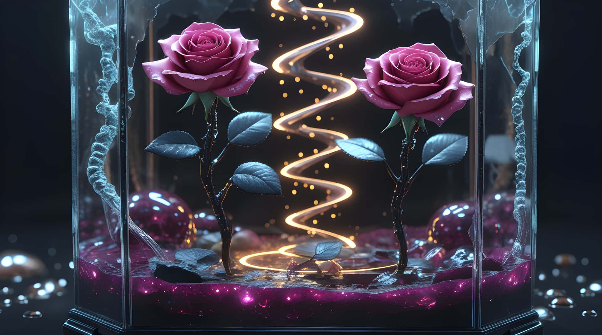 Beautiful two roses in the glass 壁紙 — 兩朵充滿活力的紫色玫瑰在玻璃容器中生長，帶有發光的金色螺旋燈光和閃閃發光的紫色沙子。