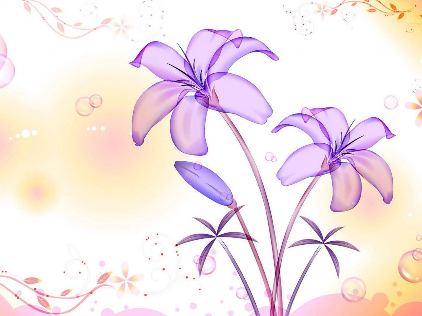 Purple Flower 桌布 壁紙 — 兩朵半透明的紫色百合在柔和的漸變背景上優雅綻放，伴隨著漂浮的氣泡和花卉漩渦。