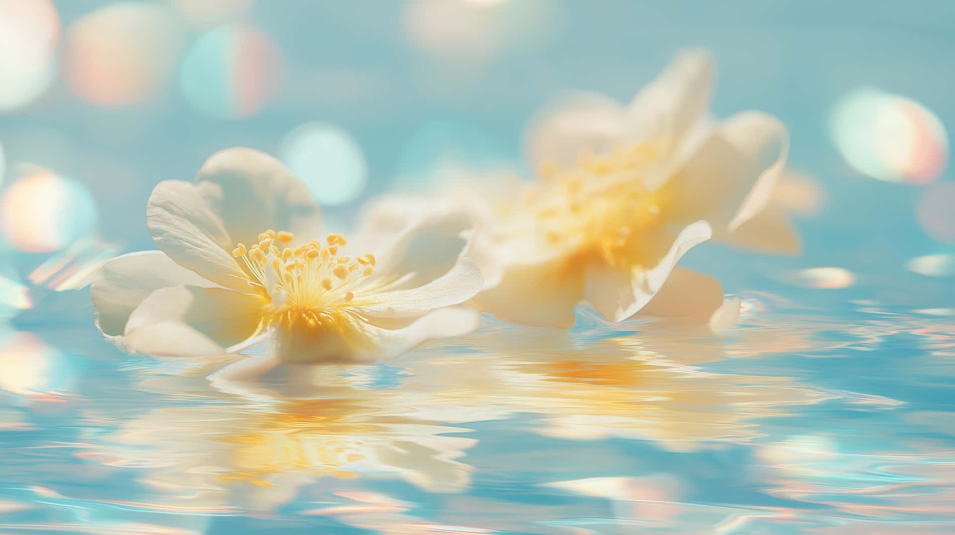 Serene White Yellow Flowers on Water with Bokeh Reflection 壁紙 — 兩朵帶有黃色中心的精緻白色花朵在柔和陽光下靜靜地漂浮在閃閃發光的碧綠水面上。