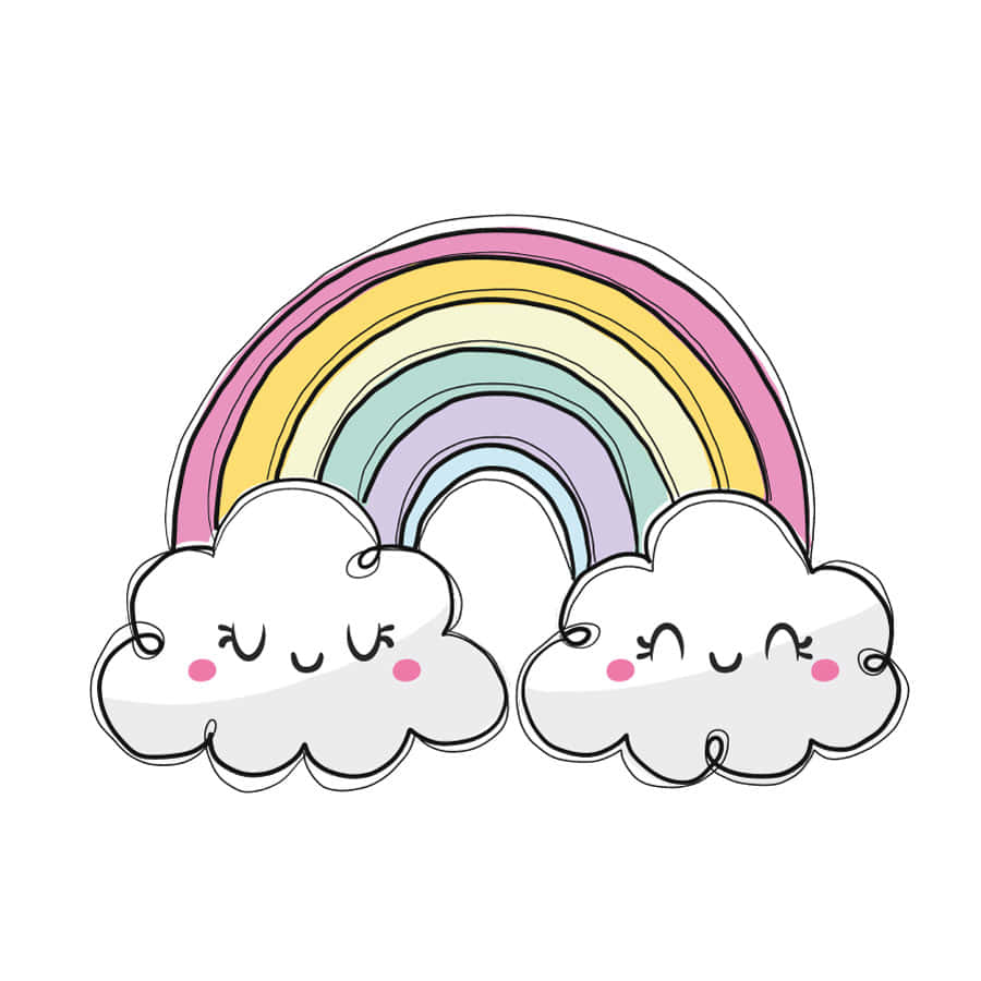 Cute Rainbow Pastel 桌布 壁紙 — 兩朵微笑的卡通雲朵擁抱一條色彩繽紛的柔和彩虹，邊緣圓潤柔軟。