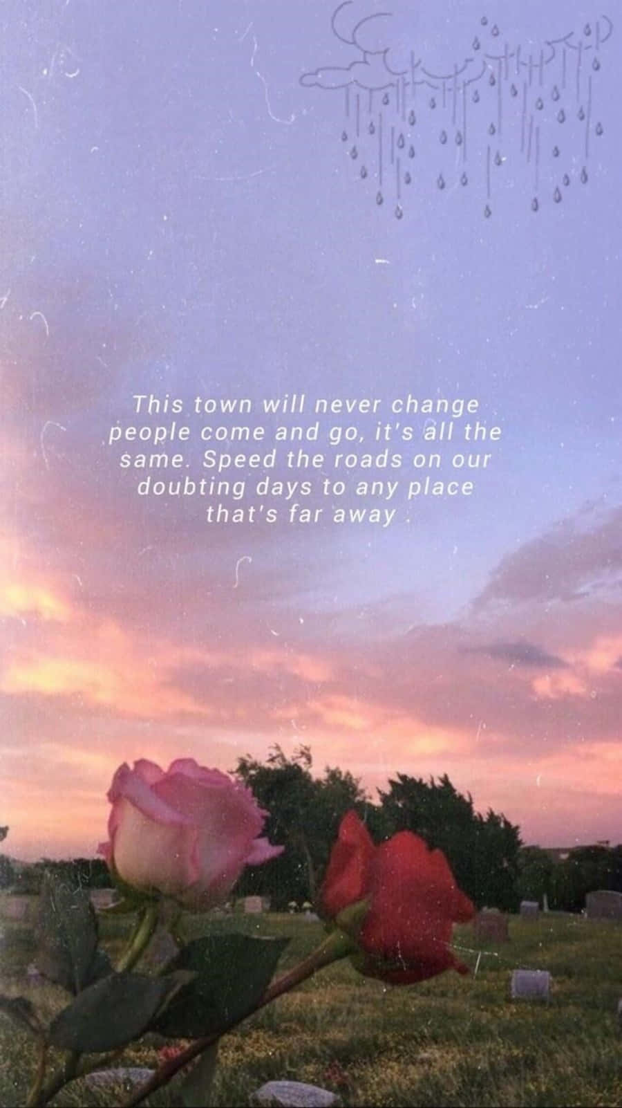 Tumblr 桌布 壁紙 — 兩朵玫瑰在日落時分的墓地綻放，夢幻的天空和手寫的雨雲在上方。