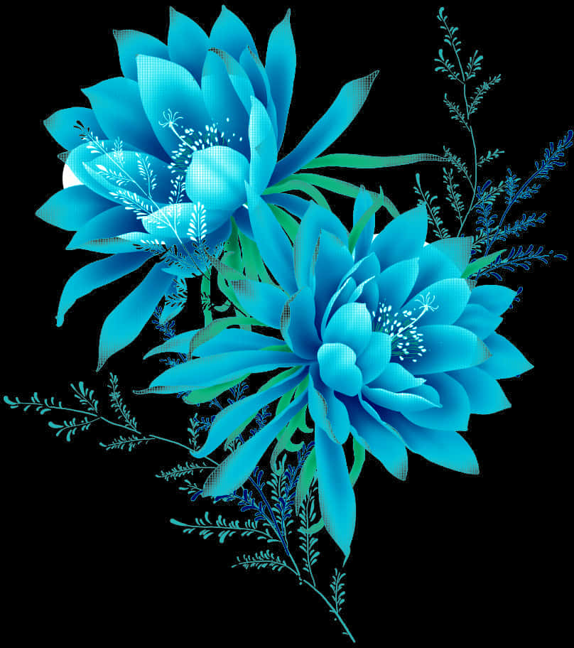 蓮花 桌布 壁紙 — 兩朵發光的藍色蓮花，帶有綠色莖和精緻的葉子，在純黑色背景上。