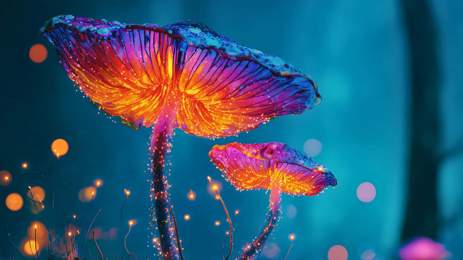 Mushrooms glowing vibrantly in a mystical forest setting 壁紙 — 兩朵發光的蘑菇，帶有鮮豔的橙色和紫色菌蓋，矗立在一個由漂浮燈光照亮的神秘藍色森林中。