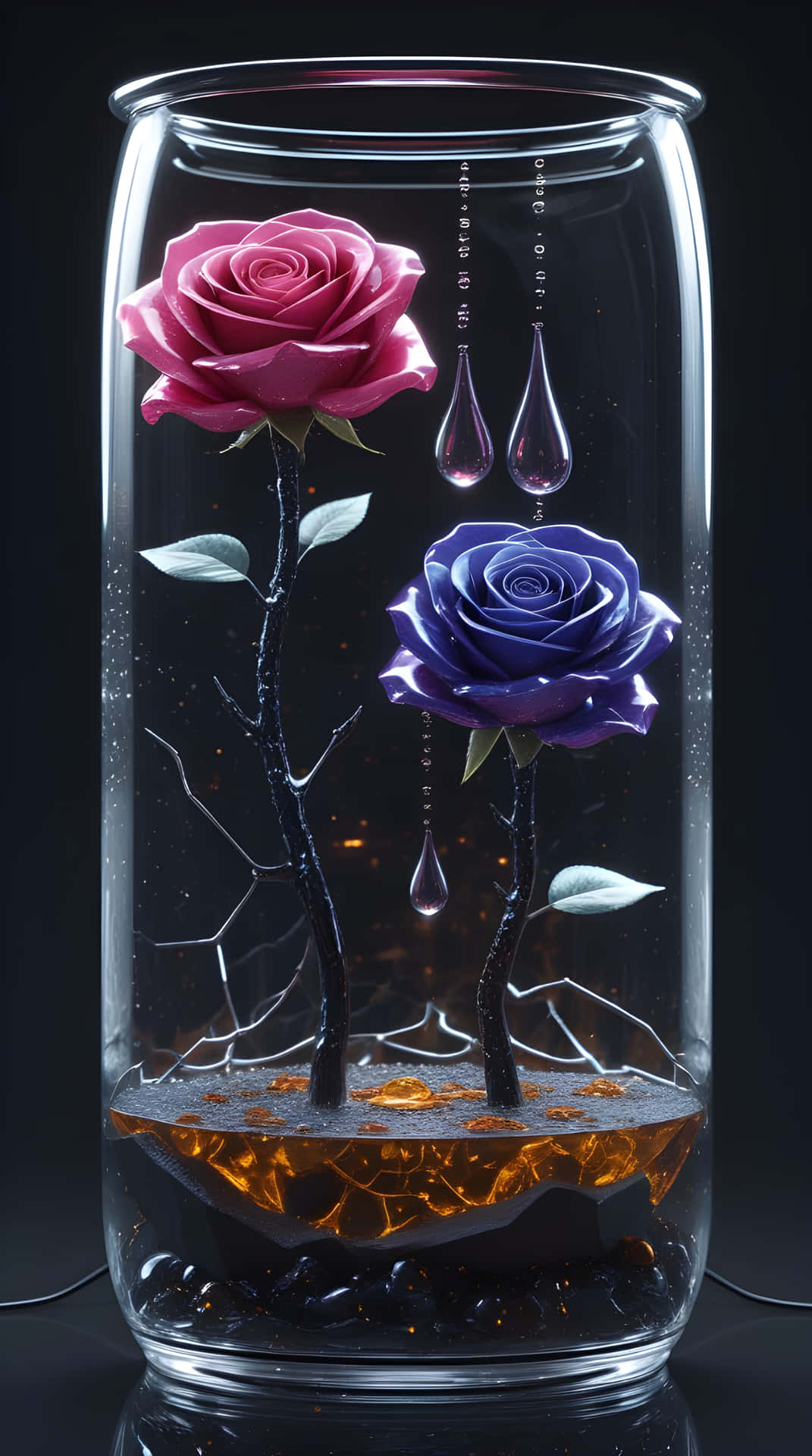 Beautiful red and black rose in the glass wallpaper 壁紙 — 兩朵粉紅色和紫色的玫瑰在一個裝有發光琥珀色液體和懸浮水滴的玻璃罐中盛開。