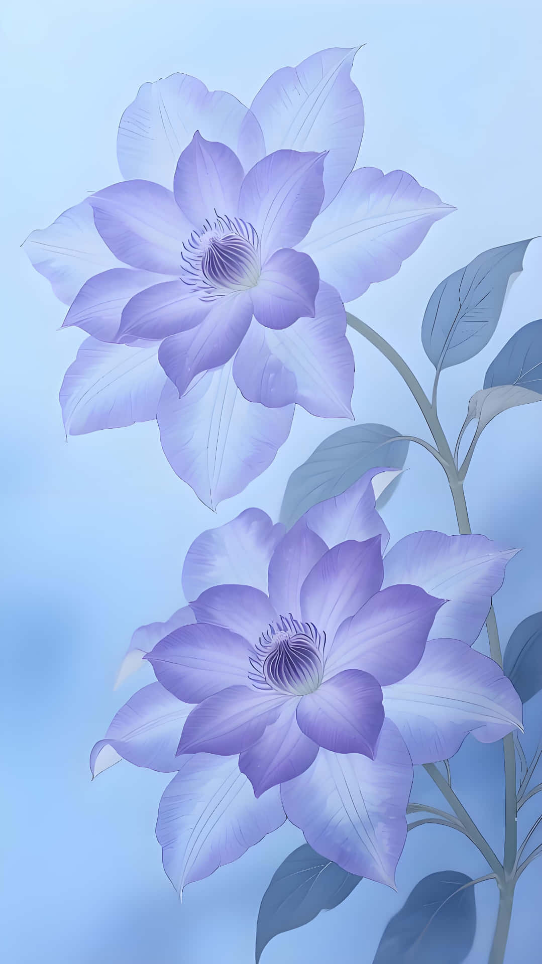 Light Blue & Purple Clematis: Fresh Floral Art Wallpaper 壁紙 — 兩朵精緻的淡紫色鐵線蓮花，花瓣層疊，中心深色，在柔和的漸變藍色背景上綻放。