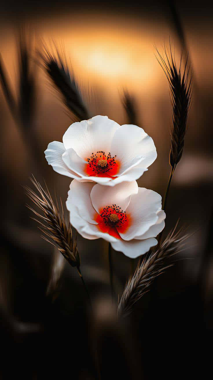 white flower 壁紙 — 兩朵精緻的白色花朵帶有鮮豔的紅色中心，在深色麥稈中綻放，背景是溫暖的金色日落。