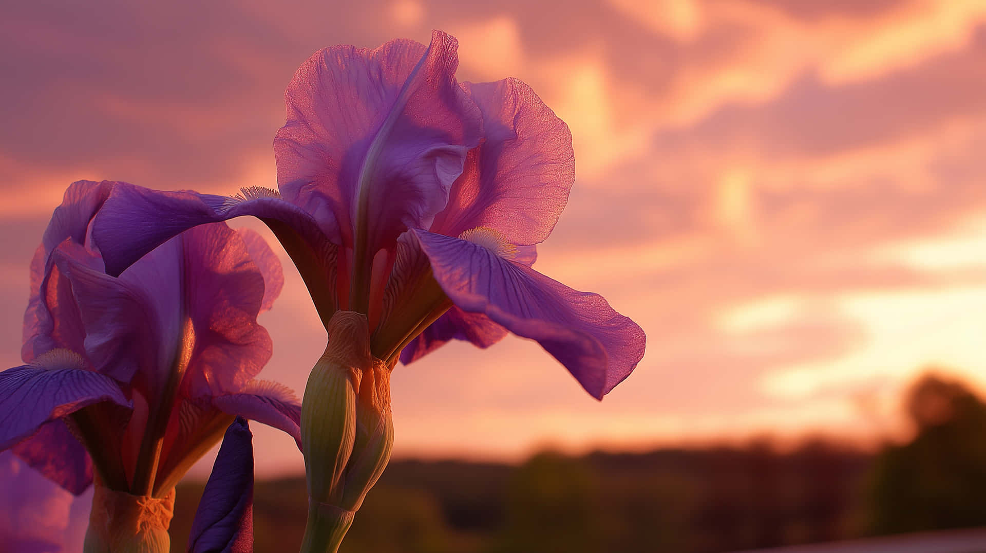 Elegant Irises Bathed in Warm Sunset Glow 壁紙 — 兩朵紫色鳶尾花在柔和粉紅與橙色的日落天空下綻放，背景有模糊的遠樹。