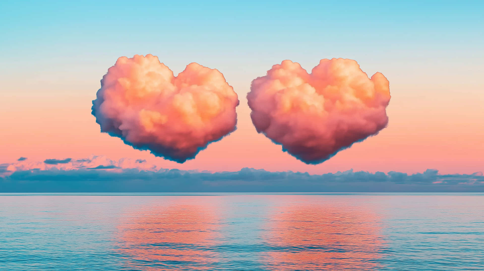 Twin Heart Clouds Reflecting on Ocean at Golden Hour 壁紙 — 兩朵蓬鬆的心形雲朵漂浮在日落時平靜的海面上，投下粉紅色和藍色的倒影。