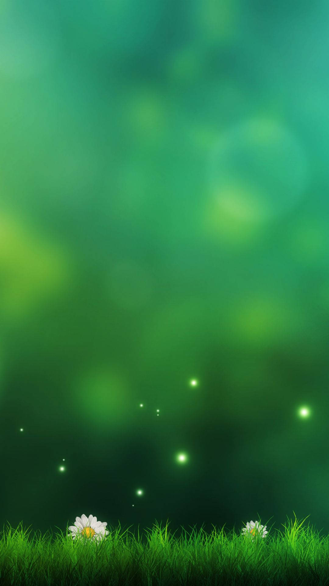 Grass 桌布 壁紙 — 兩朵雛菊在充滿活力的綠草中綻放，背景是夢幻般的散景森林，帶有發光的燈光。