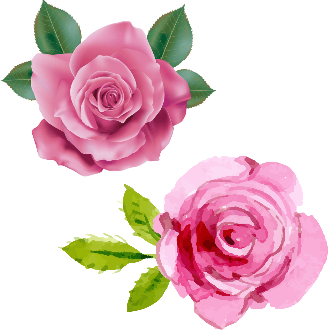 Pink Rose 桌布 壁紙 — 兩朵風格化的粉紅玫瑰配綠葉，一朵寫實呈現，另一朵水彩風格，背景為黑色。