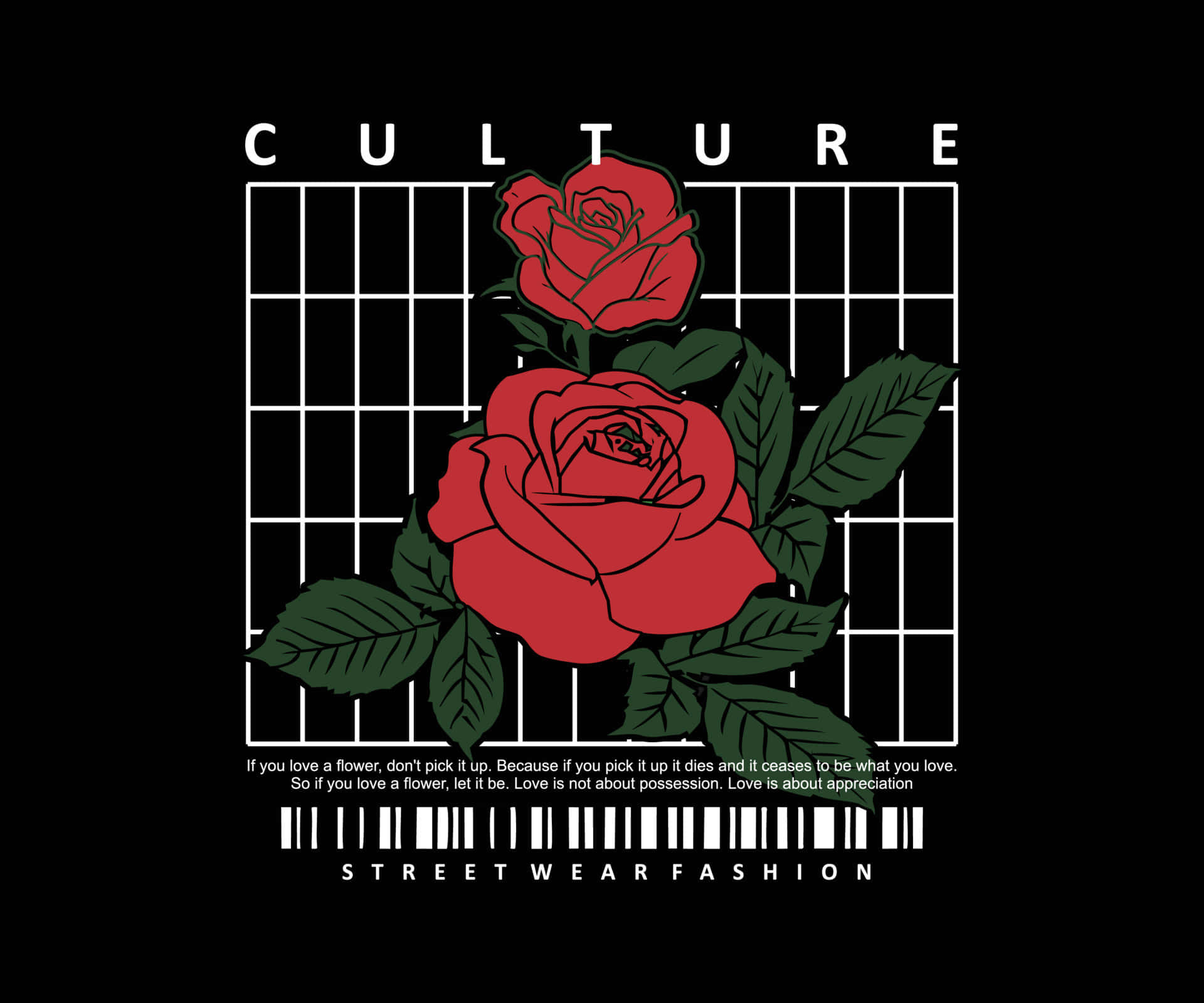 Aesthetic Rose 桌布 壁紙 — 兩朵鮮紅玫瑰配深綠葉子，由白色網格框住，黑色背景上有文字和條碼。