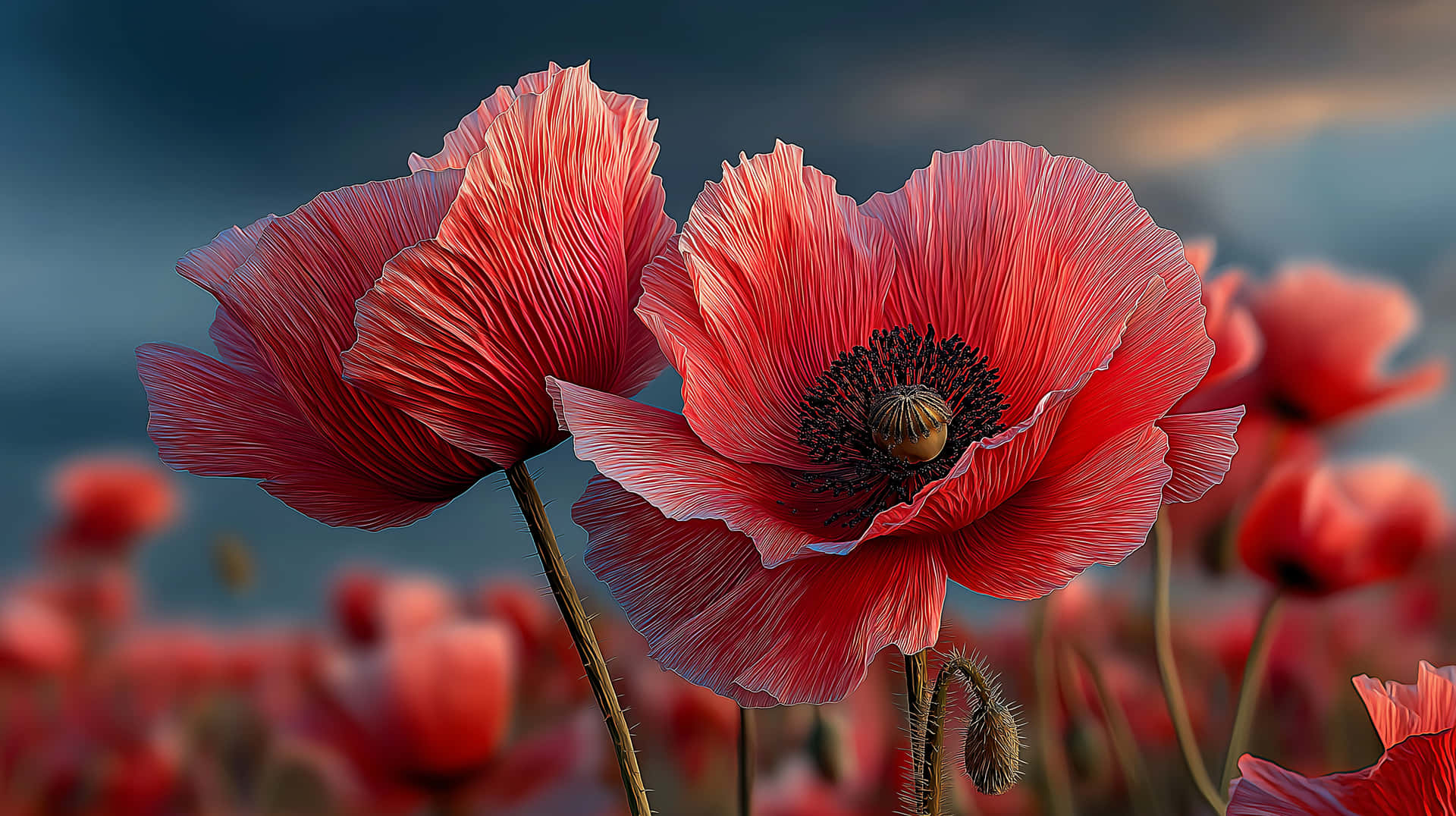 Serene Poppy Field at Dawn in Blue Spring Hues 壁紙 — 兩朵鮮紅的罌粟花，帶有精緻的皺褶花瓣，在柔和模糊的田野背景下，在陰鬱的暮色天空下盛開。