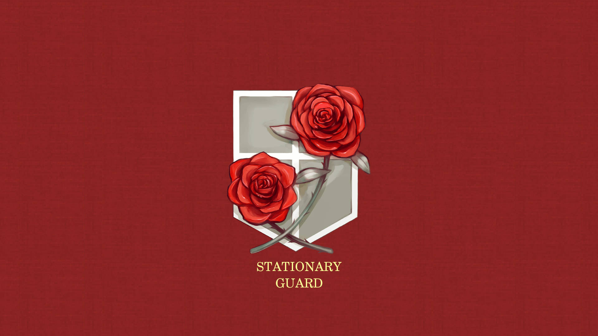 兩朵紅玫瑰在紅色背景上，旁邊是帶有「Stationary Guard」文字的盾牌徽章。 — 玫瑰 GIF 壁紙