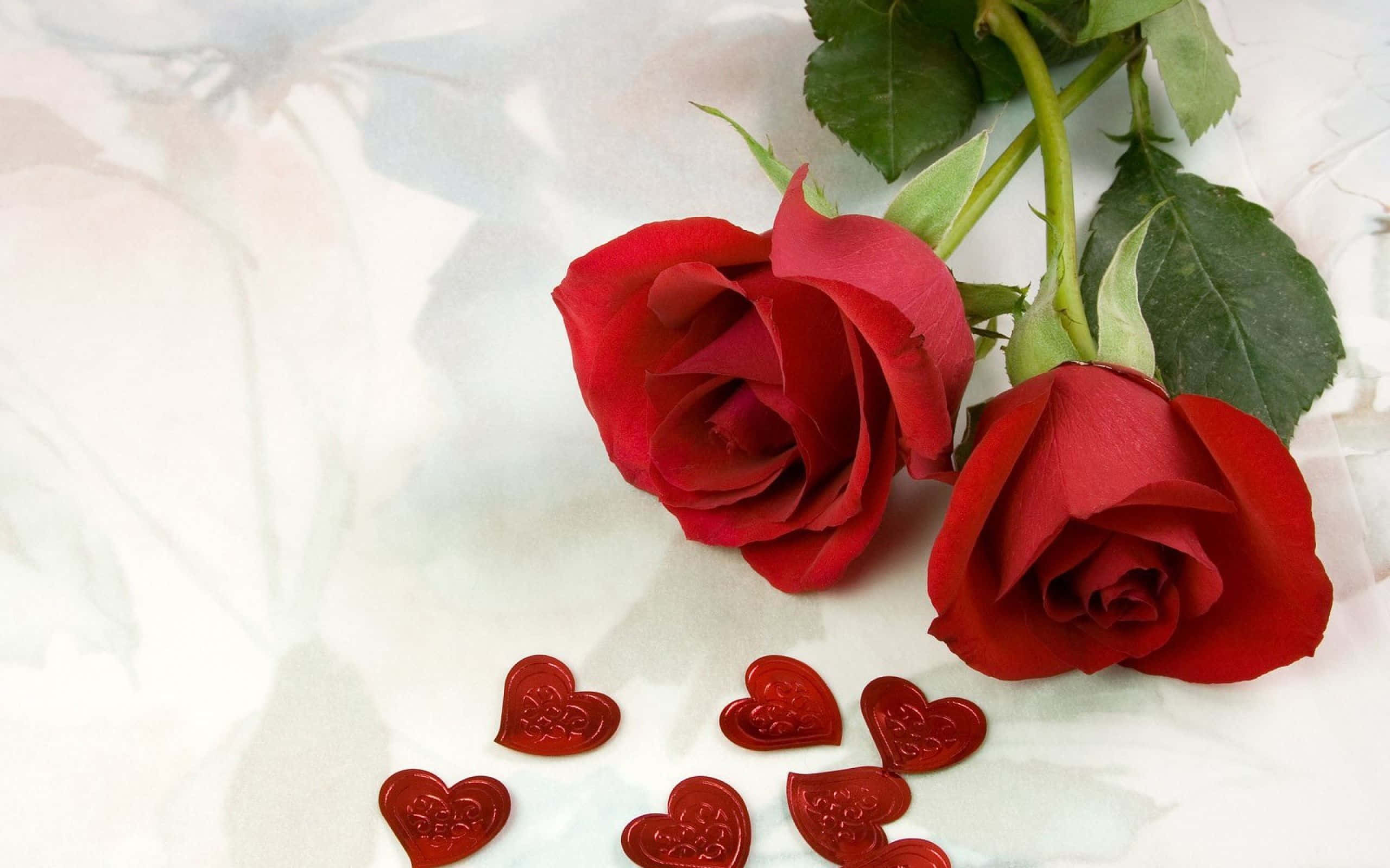 Red Roses 桌布 壁紙 — 兩朵鮮豔的紅玫瑰帶有綠色莖，旁邊散落著紅色心形糖果，放在柔軟的白色表面上。
