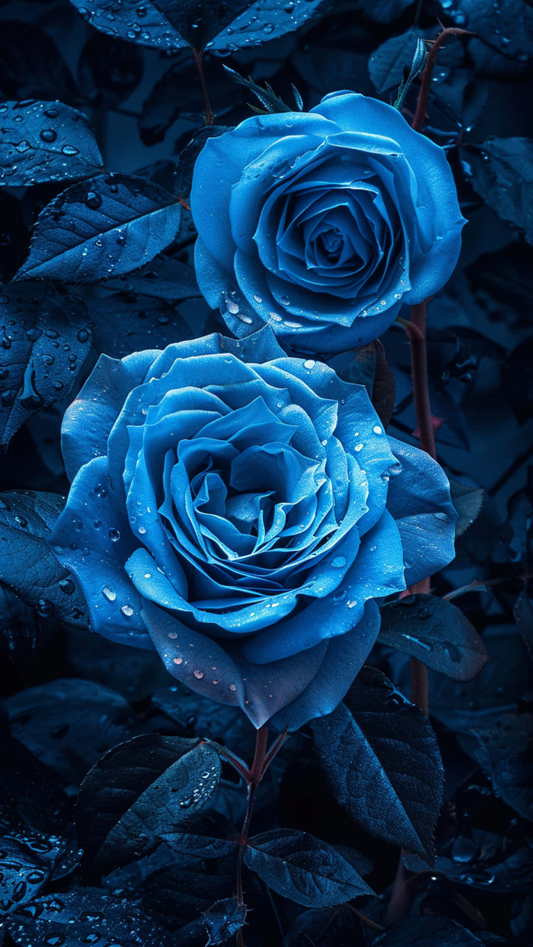 blue rose and black background 壁紙 — 兩朵鮮豔的藍玫瑰在深藍色葉子的背景下閃爍著露珠，營造出憂鬱的特寫鏡頭。