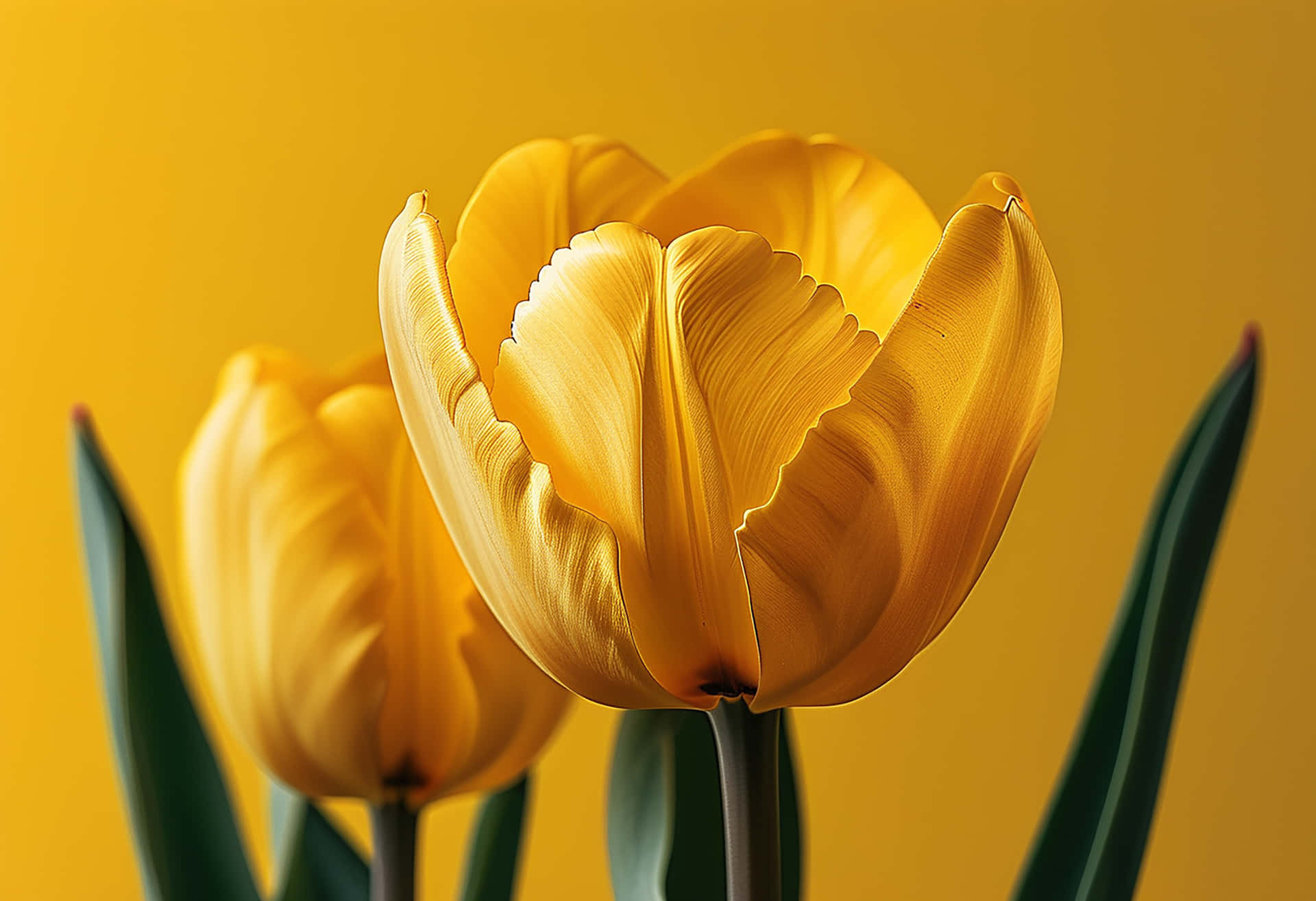 The Elegance of a Bright Yellow Tulip Revived by Raindrops 壁紙 — 兩朵鮮豔的黃色鬱金香，帶有精緻的皺褶花瓣和深綠色葉子，在純金色黃色背景上脫穎而出。