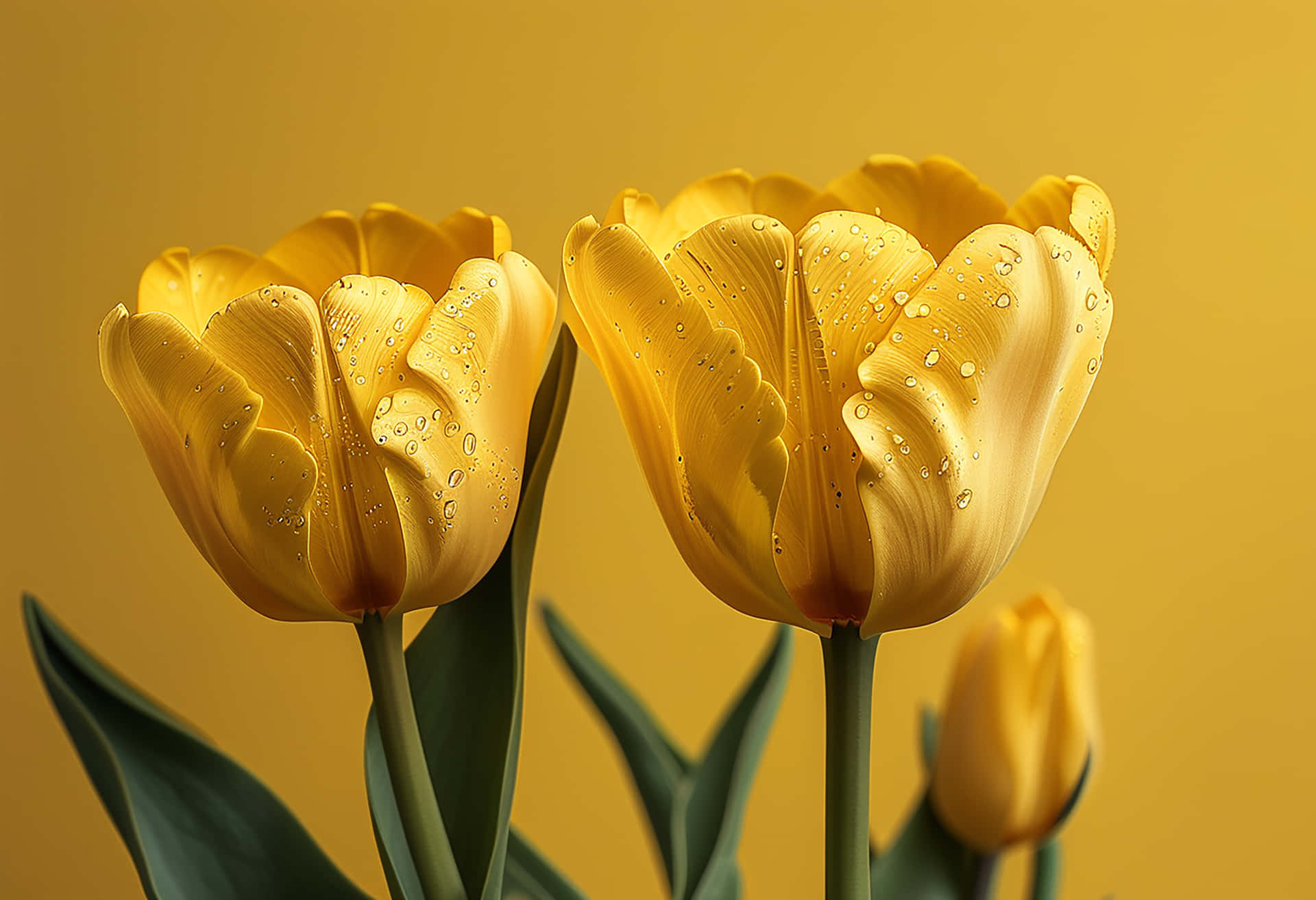 The Elegance of a Bright Yellow Tulip Revived by Raindrops 壁紙 — 兩朵鮮黃色的鬱金香，帶有閃閃發光的水珠，在溫暖的金色背景下綻放。