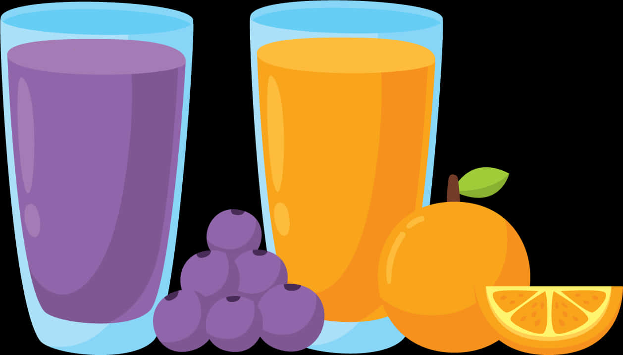 Grapes 桌布 壁紙 — 兩杯充滿活力的紫色和橙色果汁旁邊放著新鮮藍莓、整個柳橙和一片柳橙。