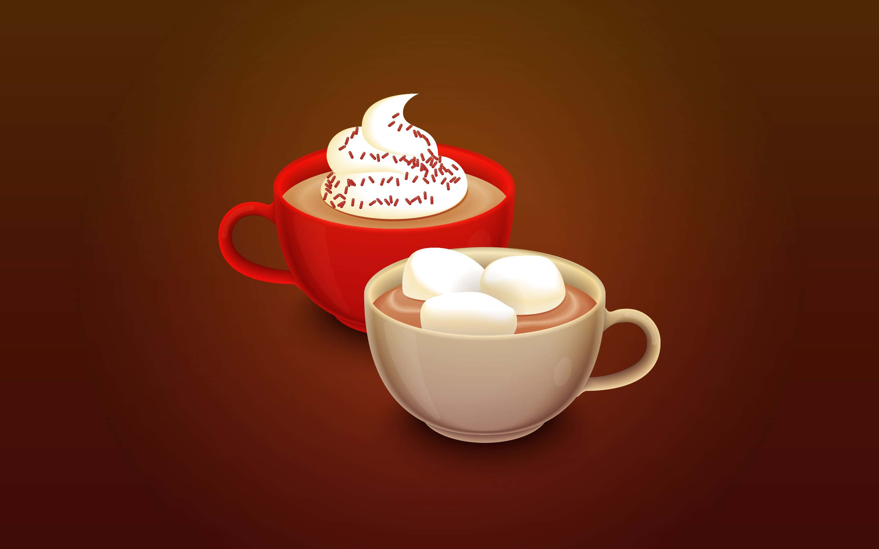 Hot Chocolate 桌布 壁紙 — 兩杯冒煙的熱巧克力，一杯頂部有鮮奶油和彩色糖粒，另一杯有棉花糖，襯托著溫暖的棕色漸變背景。