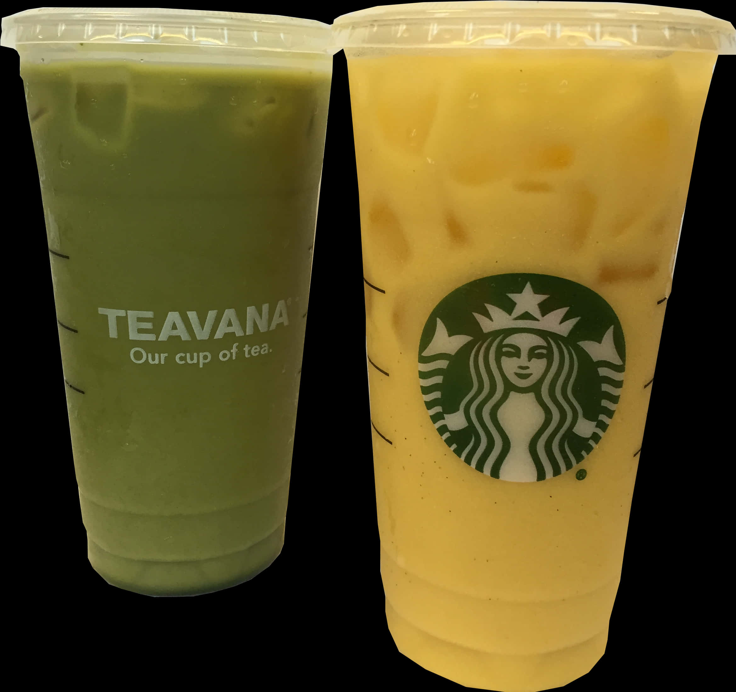 Starbucks Coffee 桌布 壁紙 — 兩杯冰凍飲品，一杯綠茶和一杯芒果冰沙，放在品牌杯子中，背景為黑色。