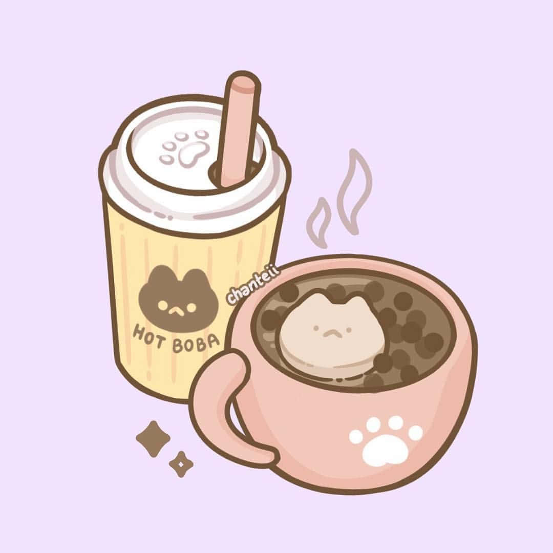 珍珠奶茶 桌布 壁紙 — 兩杯可愛貓咪主題飲品，一杯波霸奶茶和一杯熱波霸，貓形果凍漂浮在粉紅色杯子中，背景是柔和的薰衣草色。