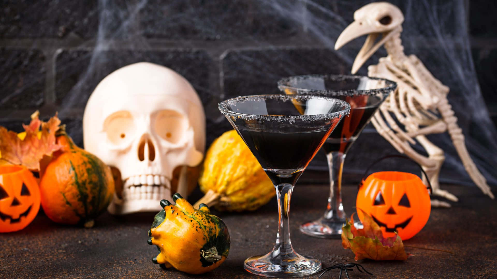 Spooky Cocktails 桌布 壁紙 — 兩杯帶鹽邊的黑色雞尾酒放在南瓜頭骨和骷髏旁邊，背景是帶有蜘蛛網的深色磚牆。