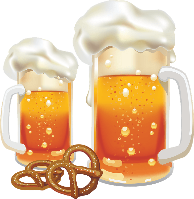 Beer 桌布 壁紙 — 兩杯泡沫豐富的琥珀色啤酒，配上一個鹹椒鹽卷餅，背景是柔和的青綠色。