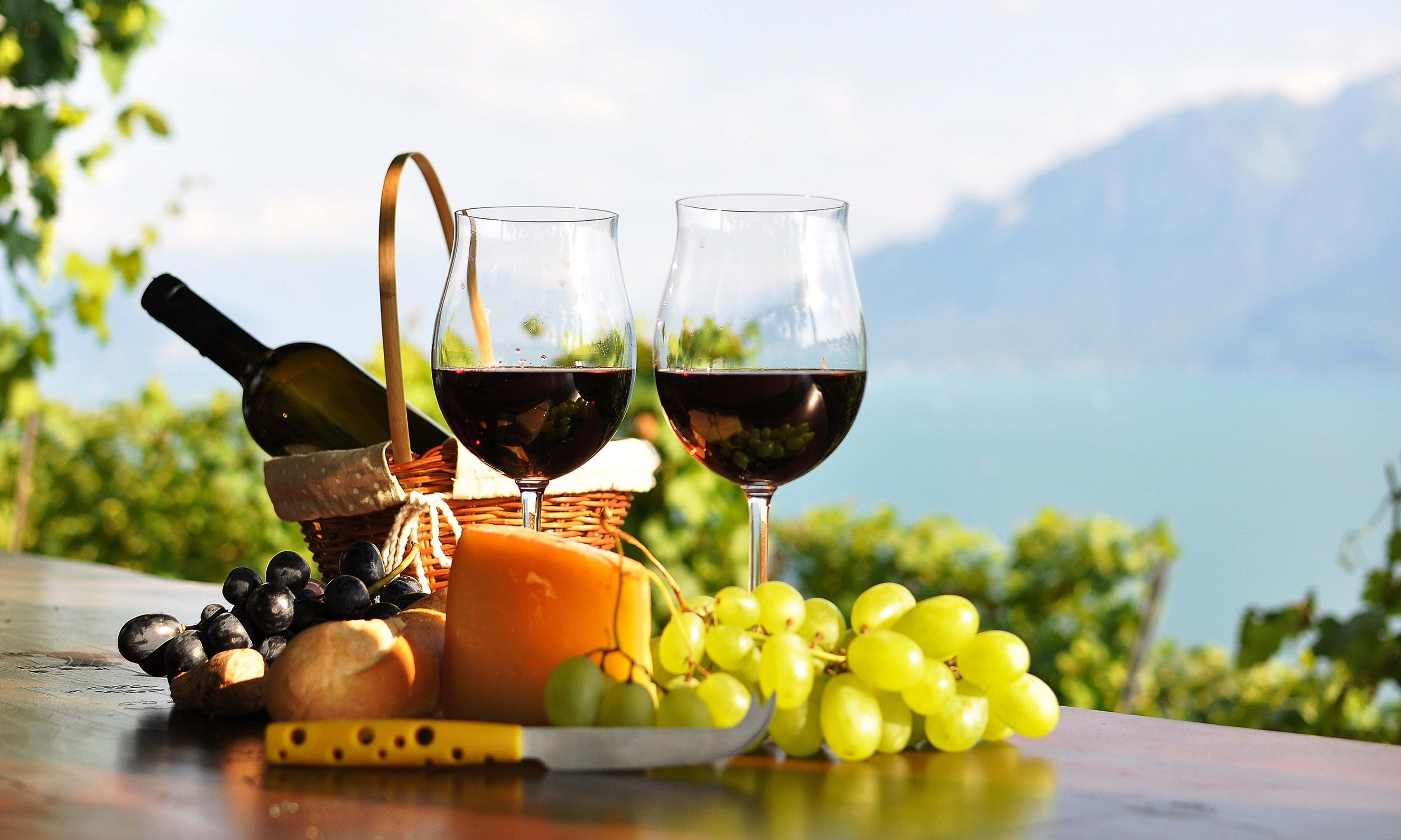 Red Wine Glass 桌布 壁紙 — 兩杯紅酒、葡萄、起司和麵包放在一張木桌上，俯瞰葡萄園和遠山，在明亮的日光下。