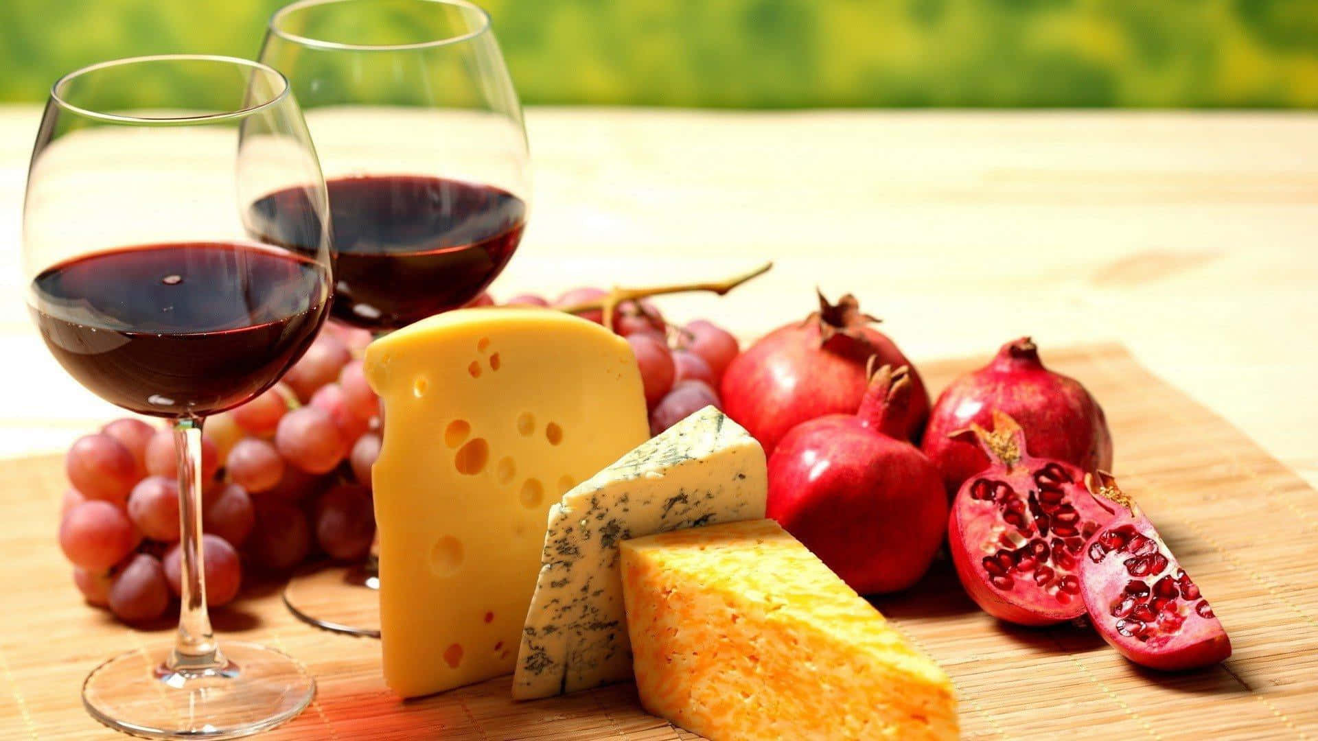 Food And Beverage 桌布 壁紙 — 兩杯紅酒旁邊有各式起司和新鮮葡萄石榴放在木板上。