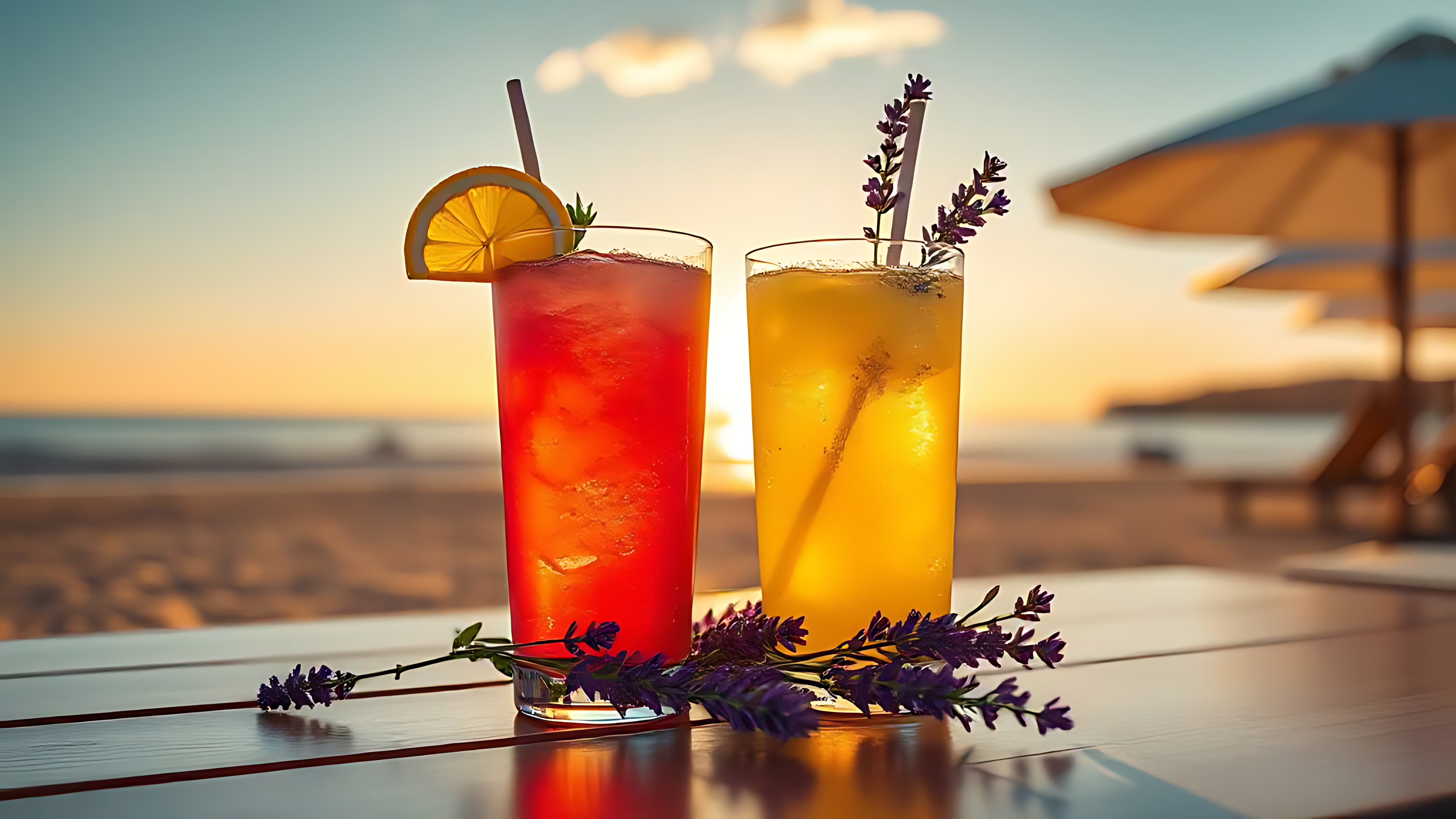 Tropical 桌布 壁紙 — 兩杯色彩繽紛的雞尾酒，飾以柑橘和薰衣草，放在木桌上，背景是沙灘和太陽傘，夕陽西下。
