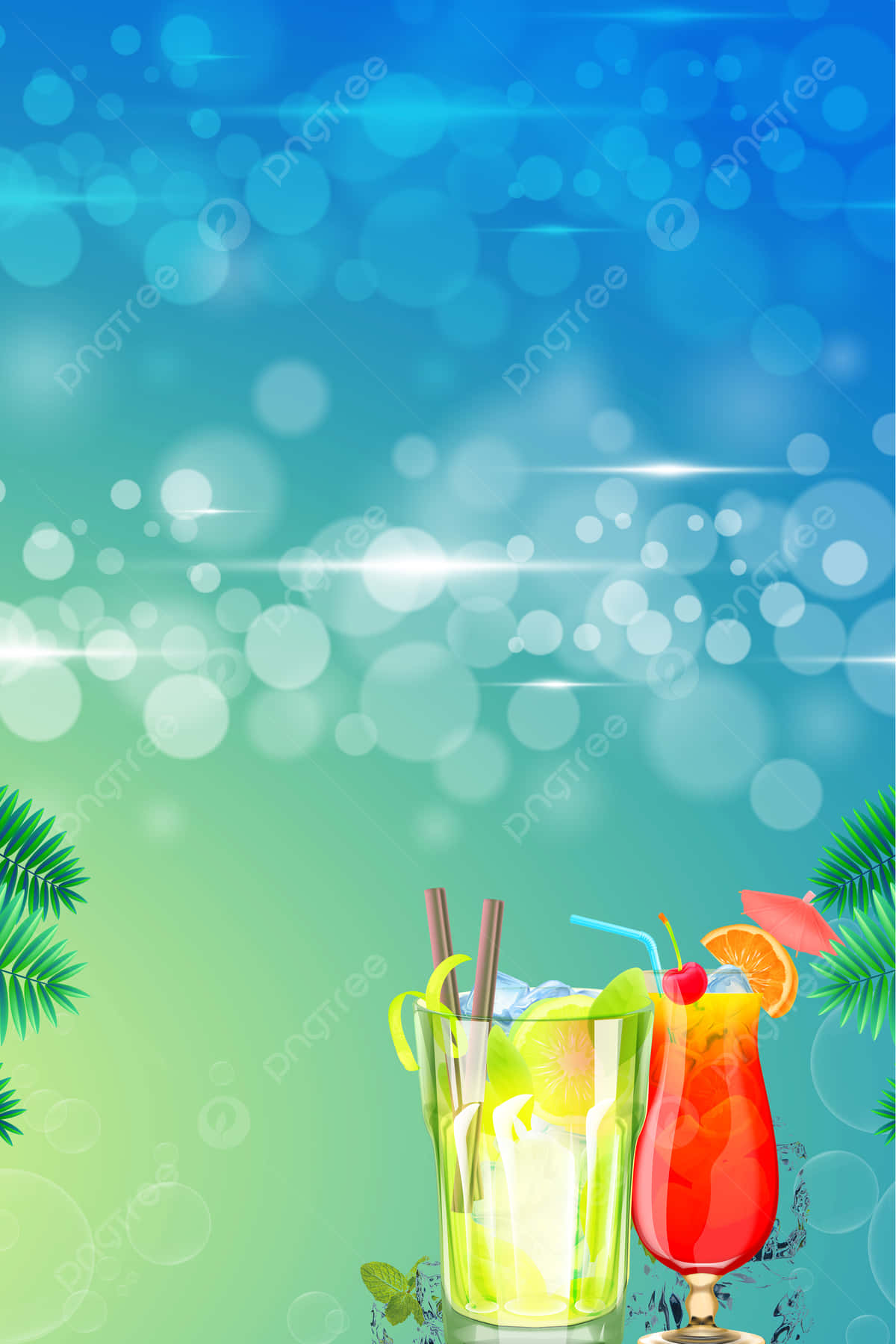 Refreshing 桌布 壁紙 — 兩杯色彩鮮豔的熱帶雞尾酒配上裝飾，置於閃爍藍綠色散景背景前，並以棕櫚葉框住。