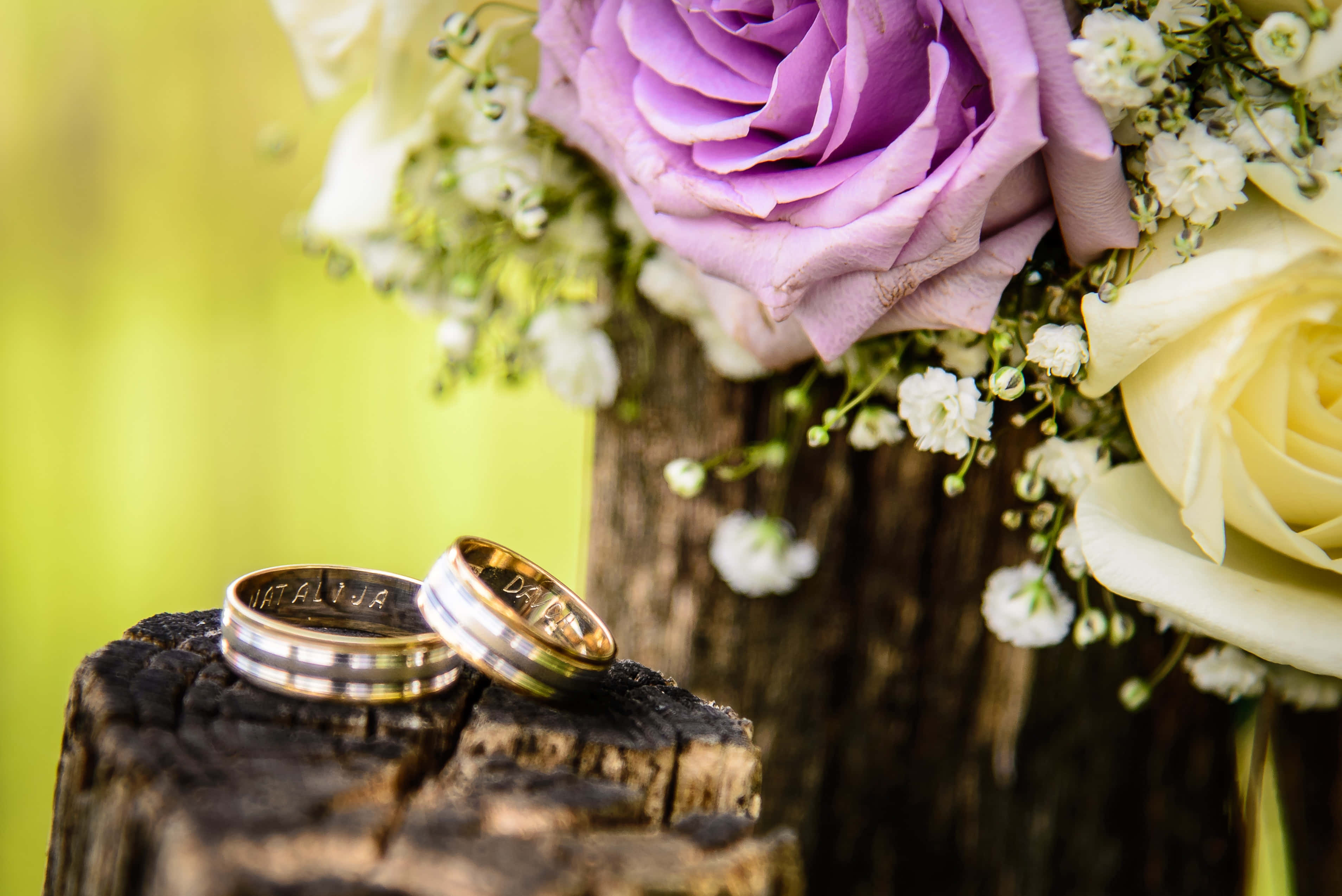 Flowers 桌布 壁紙 — 兩枚刻有圖案的結婚戒指放在一個風化的樹樁上，旁邊是一束紫色和白色的玫瑰。