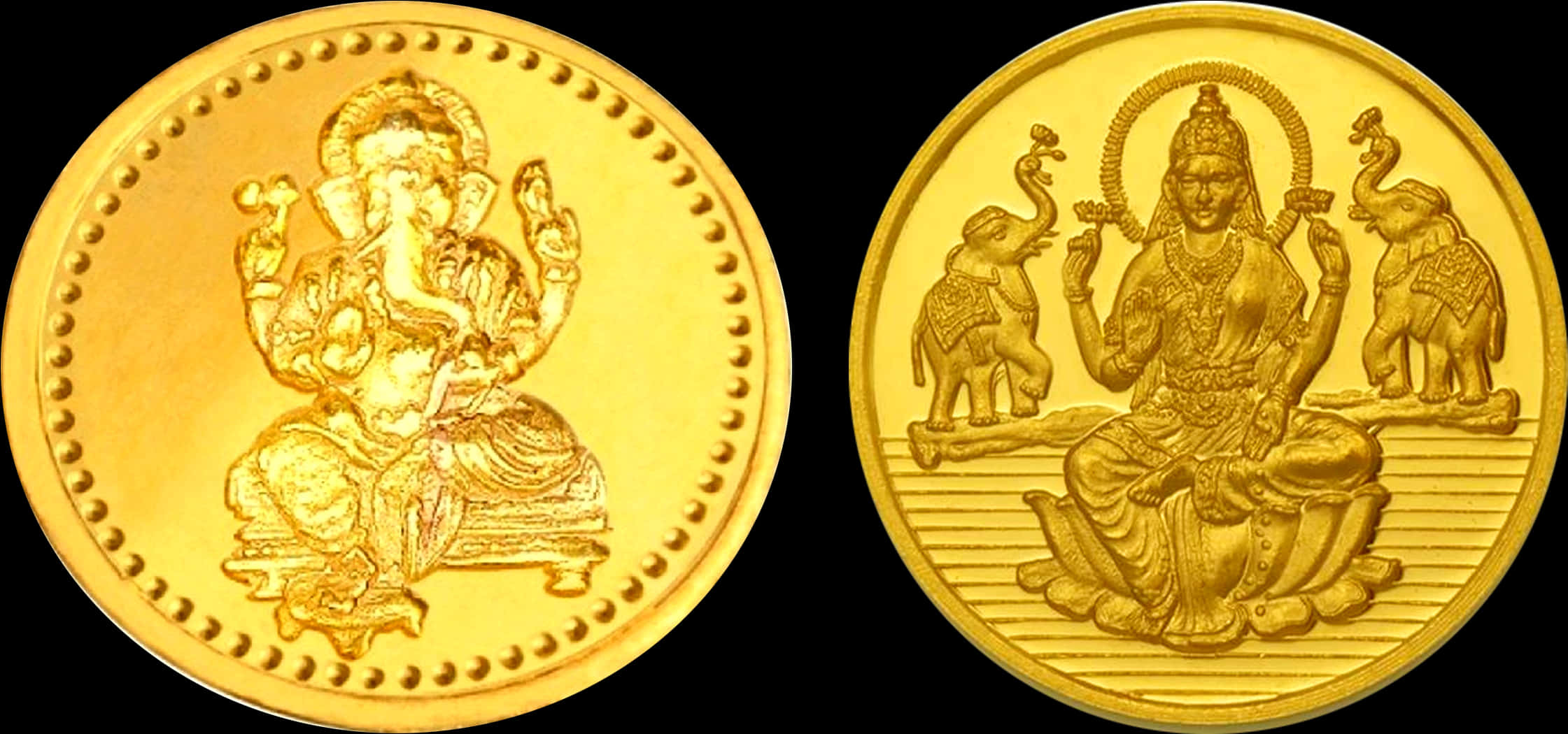 Gold Coin 桌布 壁紙 — 兩枚金幣上刻有精緻的浮雕印度教神祇象頭神和吉祥天女，背景為純黑色。