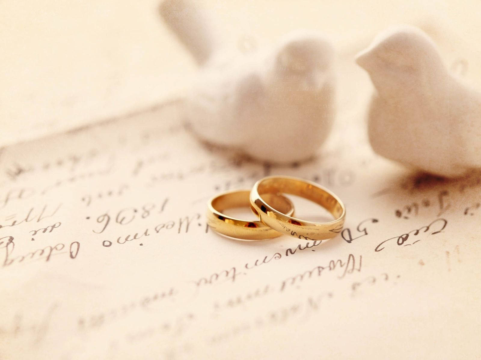 Wedding Rings 桌布 壁紙 — 兩枚金色結婚戒指放在復古手寫紙上，旁邊有白色陶瓷鳥，在柔和溫暖的光線中。