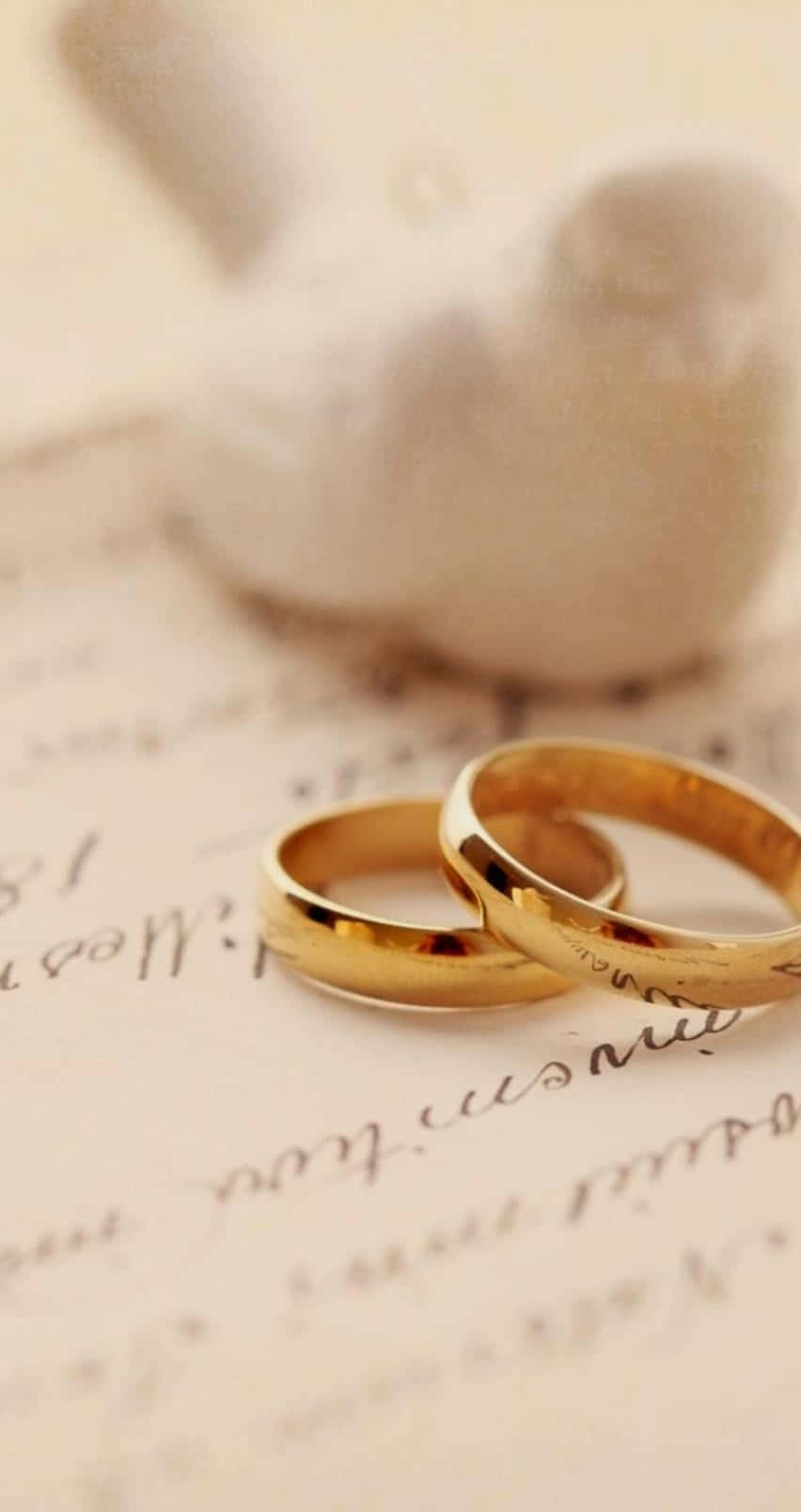 Marriage 桌布 壁紙 — 兩枚金色結婚戒指放在手寫信上，旁邊有一個柔軟的白色鴿子雕像。