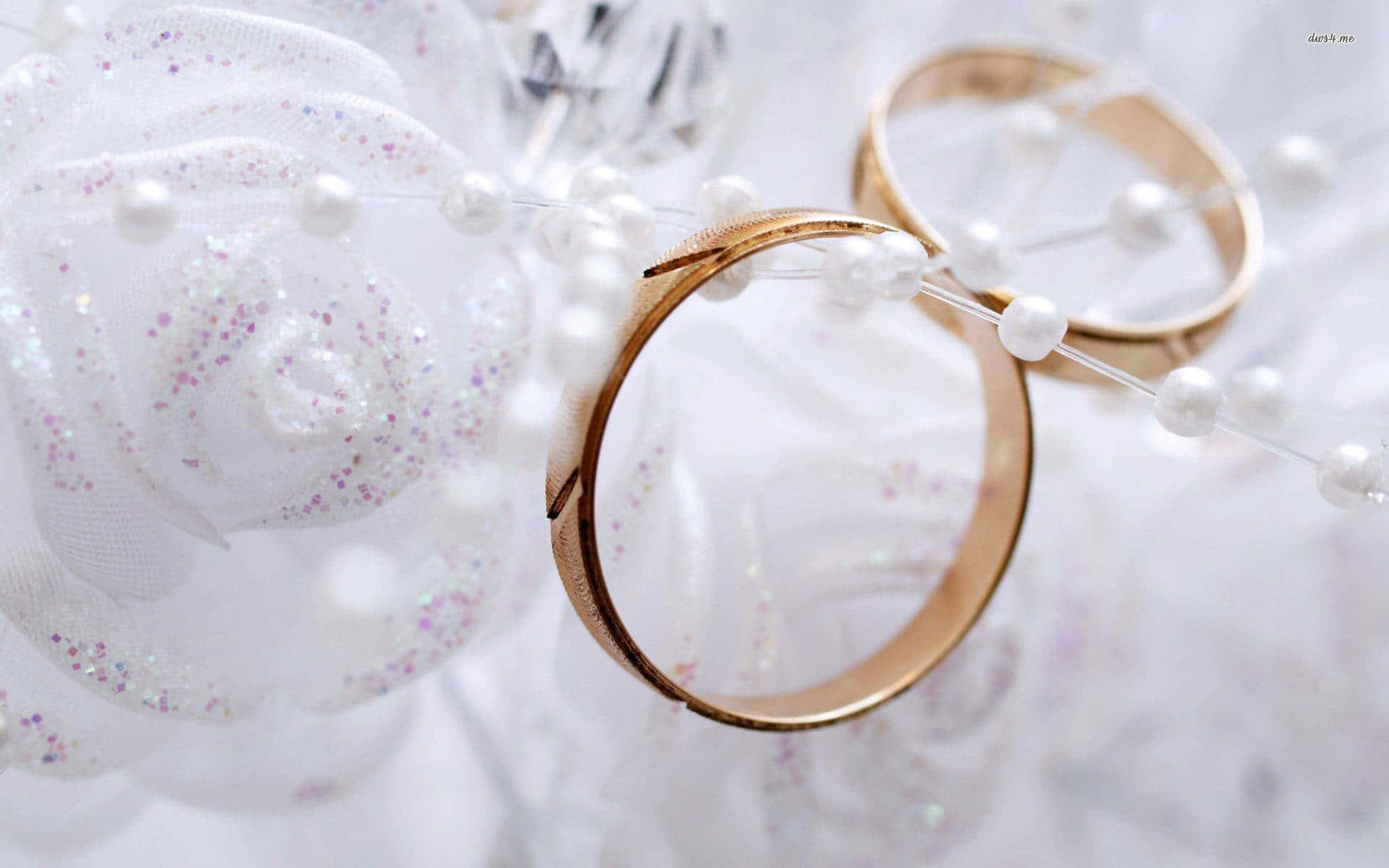 結婚戒指 桌布 壁紙 — 兩枚金色結婚戒指放在白色珍珠和閃亮布料上，背景柔和模糊。