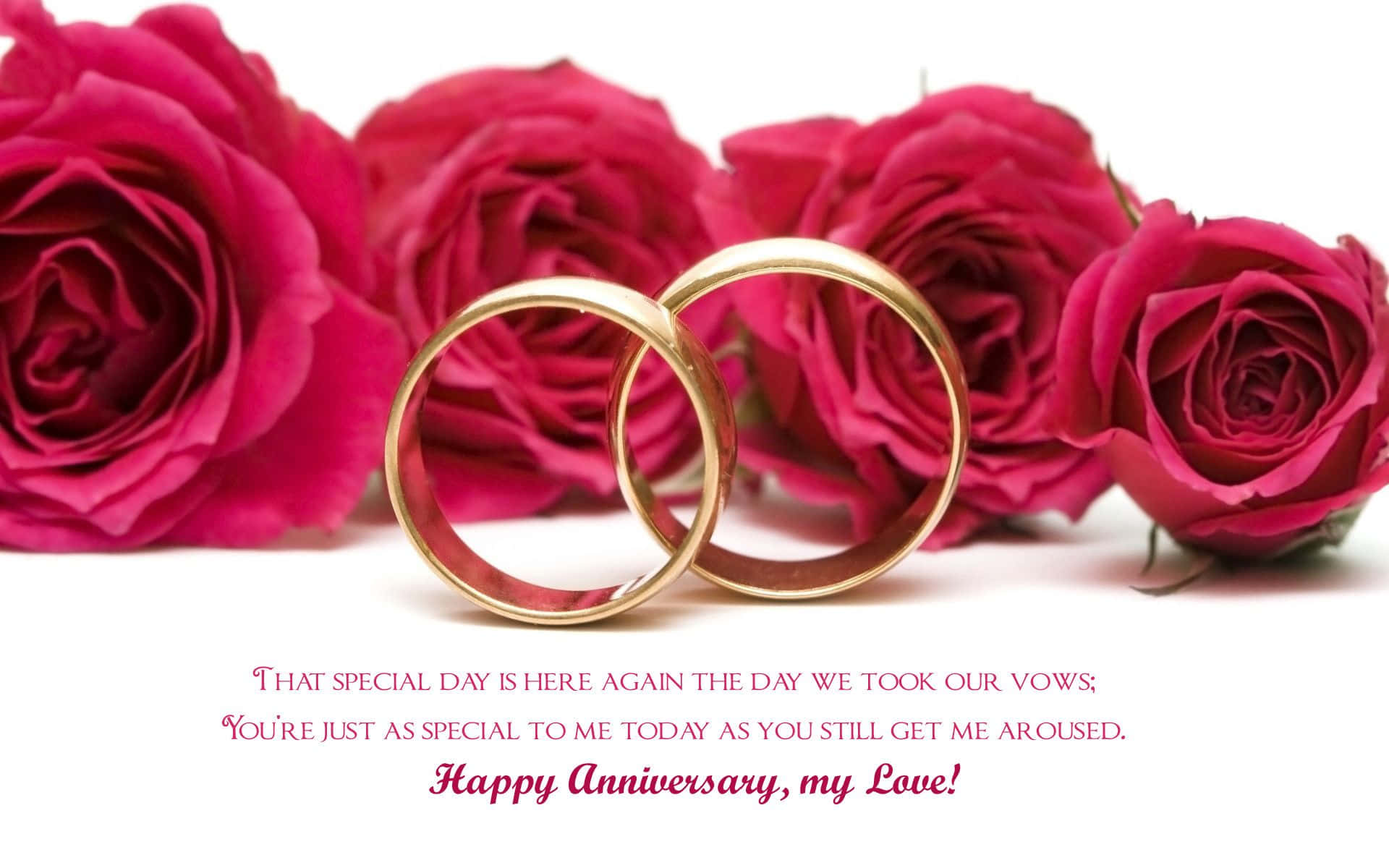 Anniversary 桌布 壁紙 — 兩枚金色結婚戒指放在鮮豔的粉紅玫瑰上，背景為純白色，帶有浪漫的週年紀念文字。