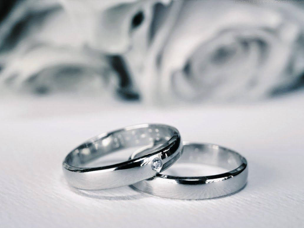 Wedding Rings 桌布 壁紙 — 兩枚銀色結婚戒指，鑲有一顆小鑽石，放在白色表面上，背景有模糊的玫瑰。
