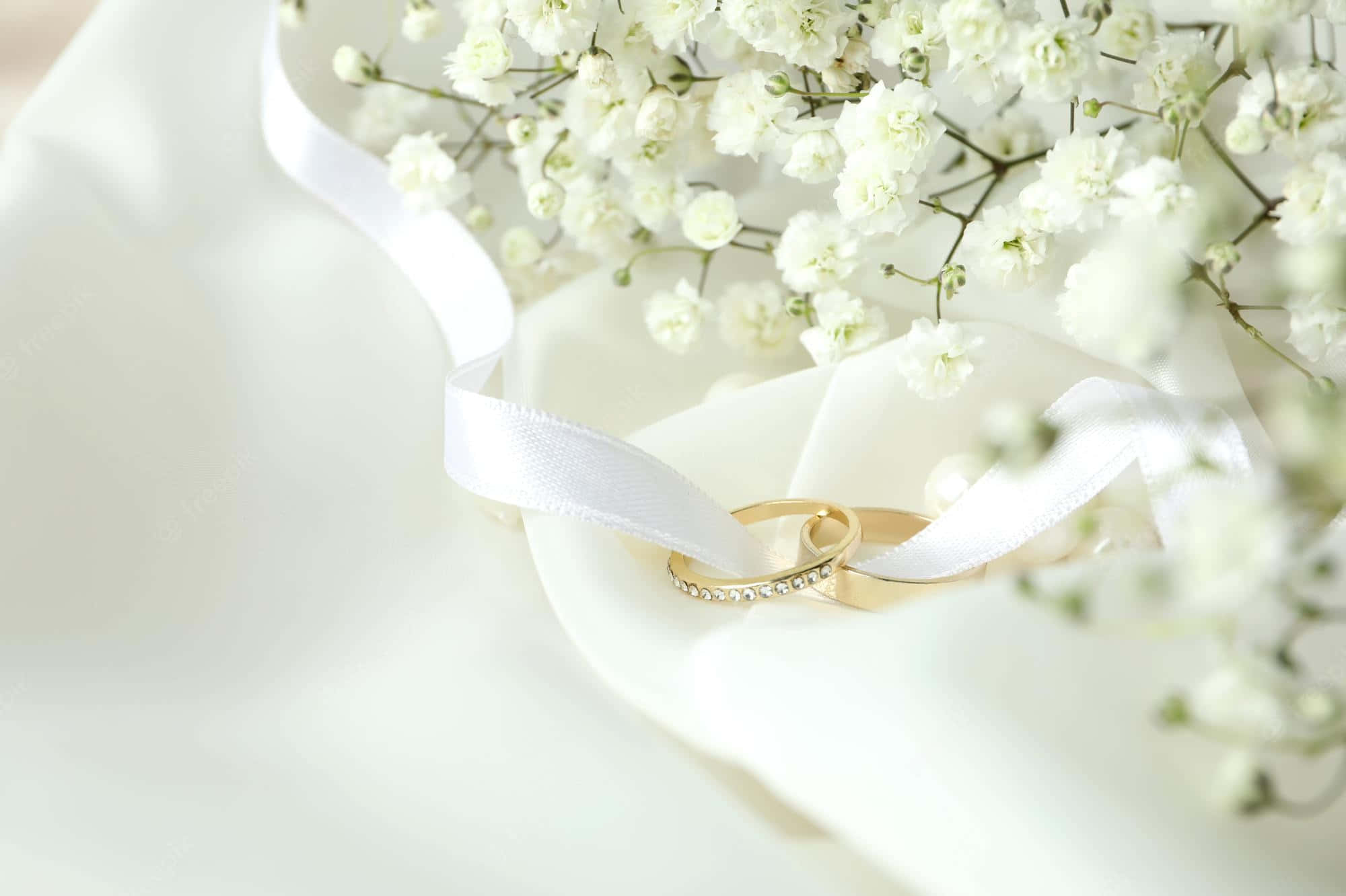 Wedding 桌布 壁紙 — 兩枚鑲有鑽石的金色結婚戒指放在白色緞帶上，旁邊是精緻的滿天星花朵。