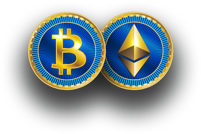 Cryptocurrency 桌布 壁紙 — 兩枚閃閃發光的金色加密貨幣硬幣比特幣和以太幣並排放在黑色背景上。