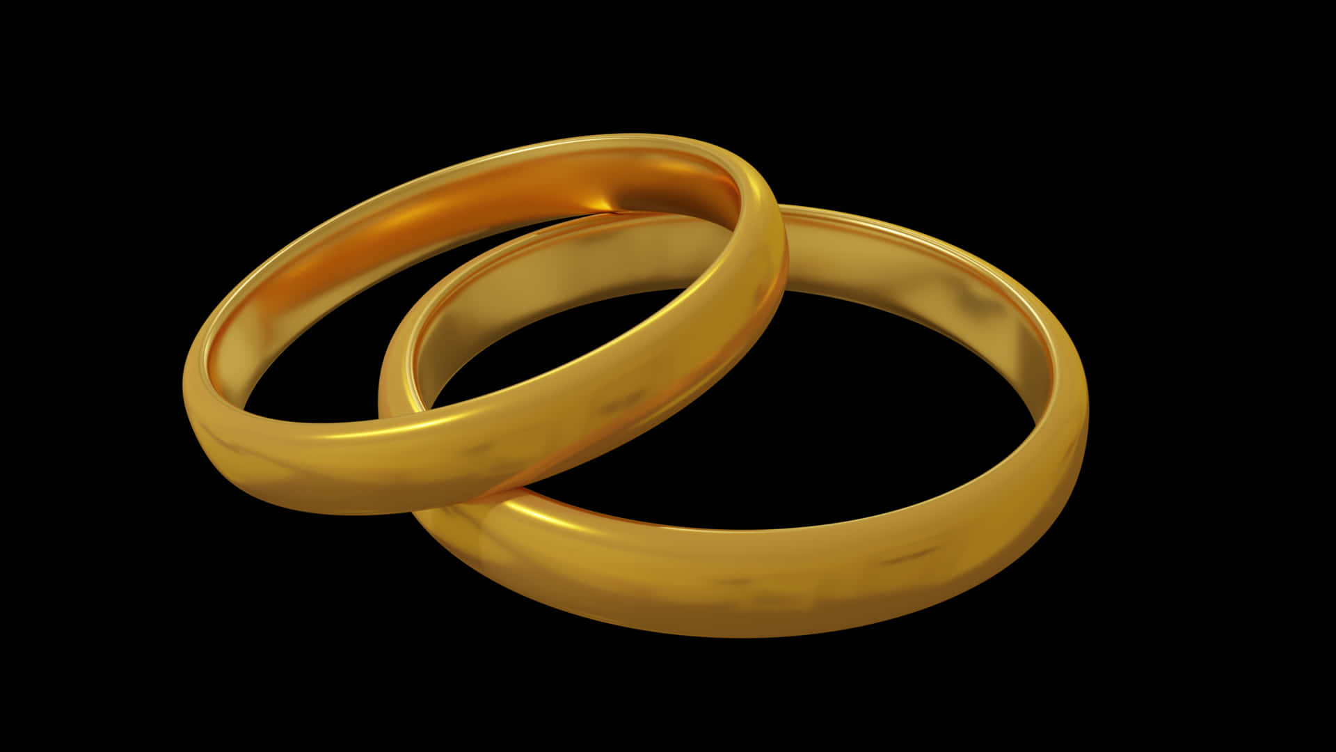 Wedding Rings 桌布 壁紙 — 兩枚閃閃發光的金色結婚戒指在純黑背景上交織在一起。