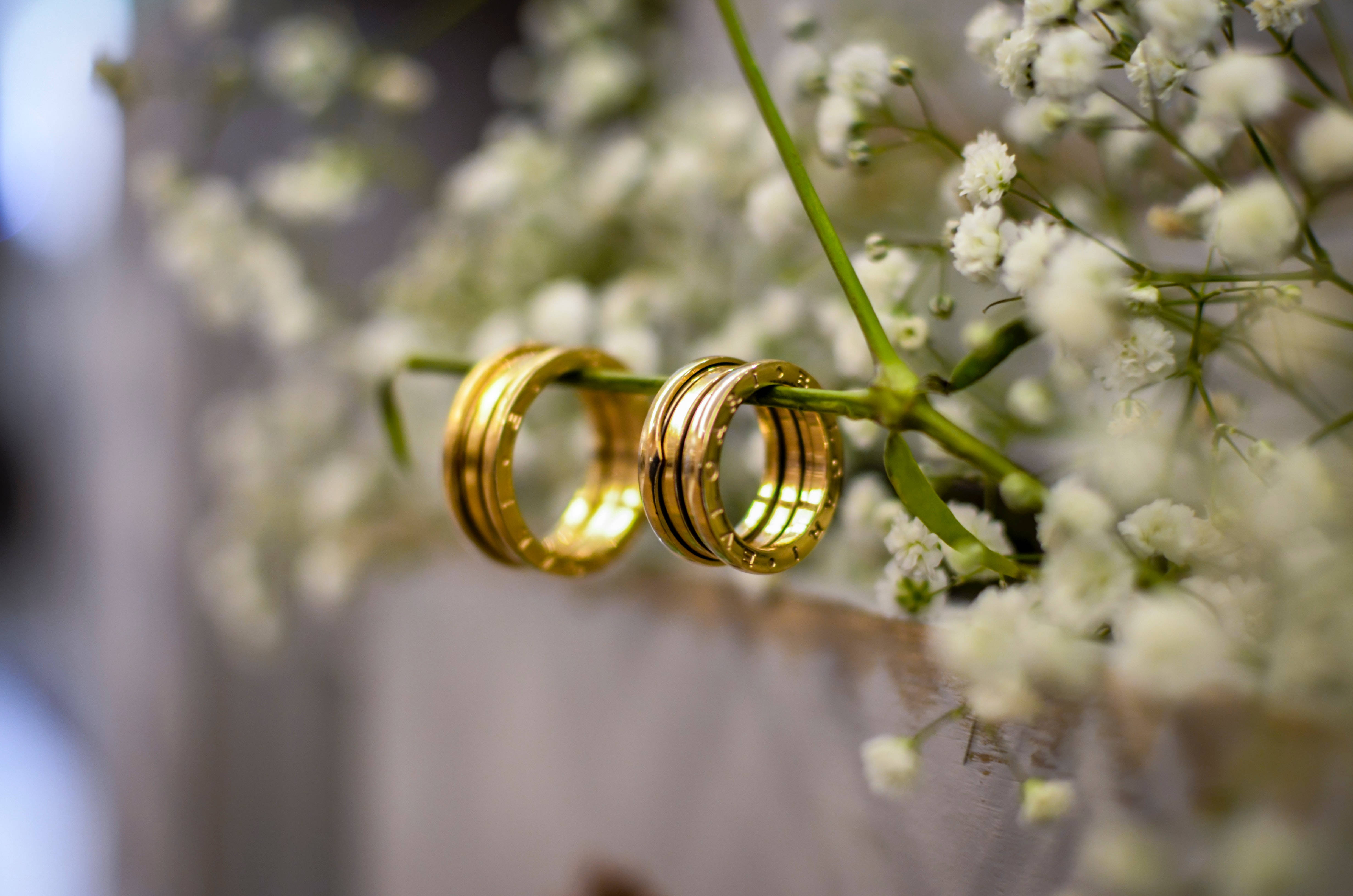 Gold Jewellery 桌布 壁紙 — 兩枚閃閃發光的金色結婚戒指精緻地放在一束滿天星上，周圍是柔軟的白色花朵。