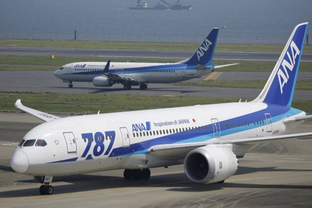 日本 桌布 壁紙 — 兩架ANA波音787夢幻客機在機場停機坪上，背景是海洋和晴朗的天空。