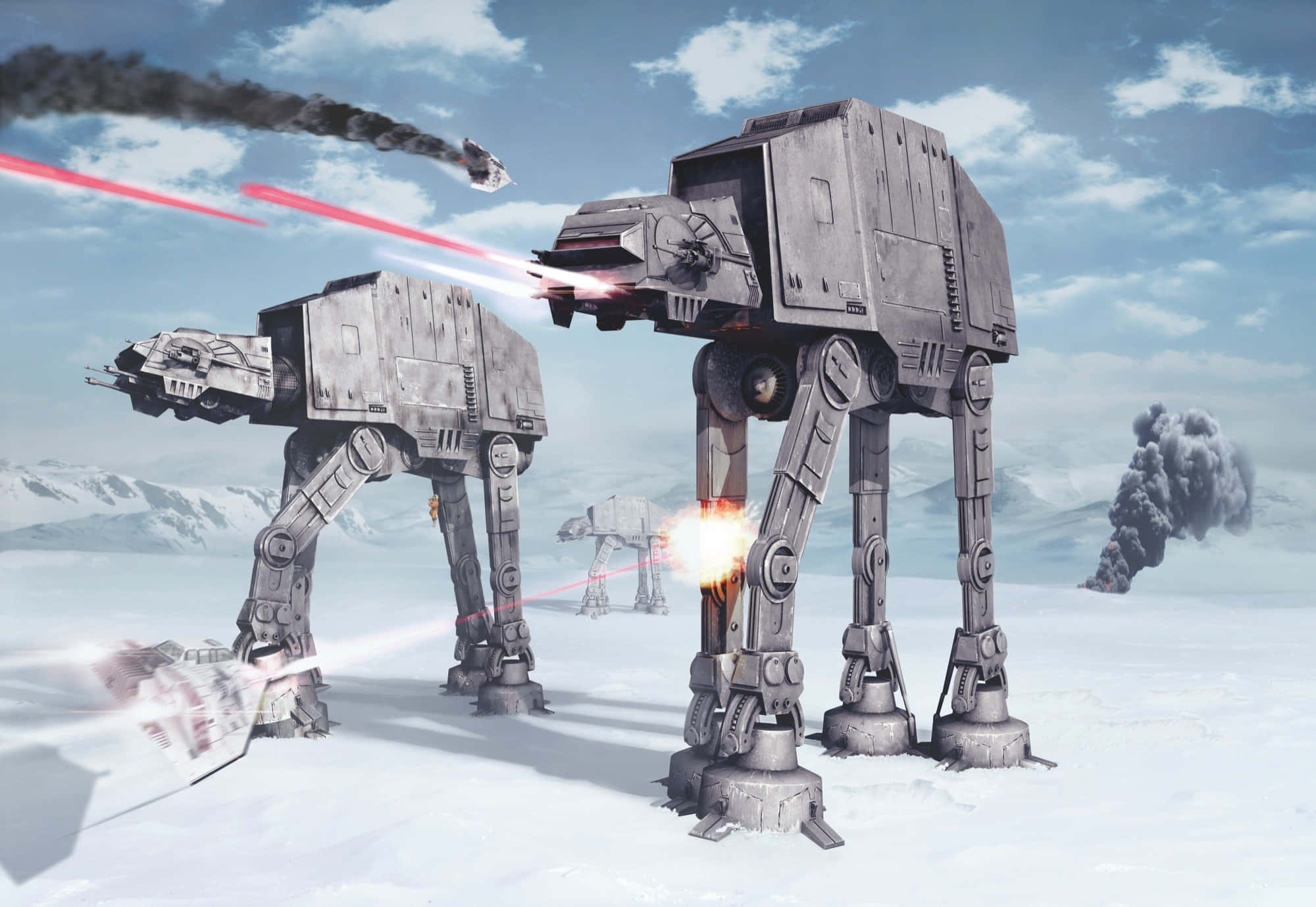 Hoth 桌布 壁紙 — 兩架AT-AT步行機在雪地戰場上發射紅色雷射，遠處升起爆炸和濃煙。