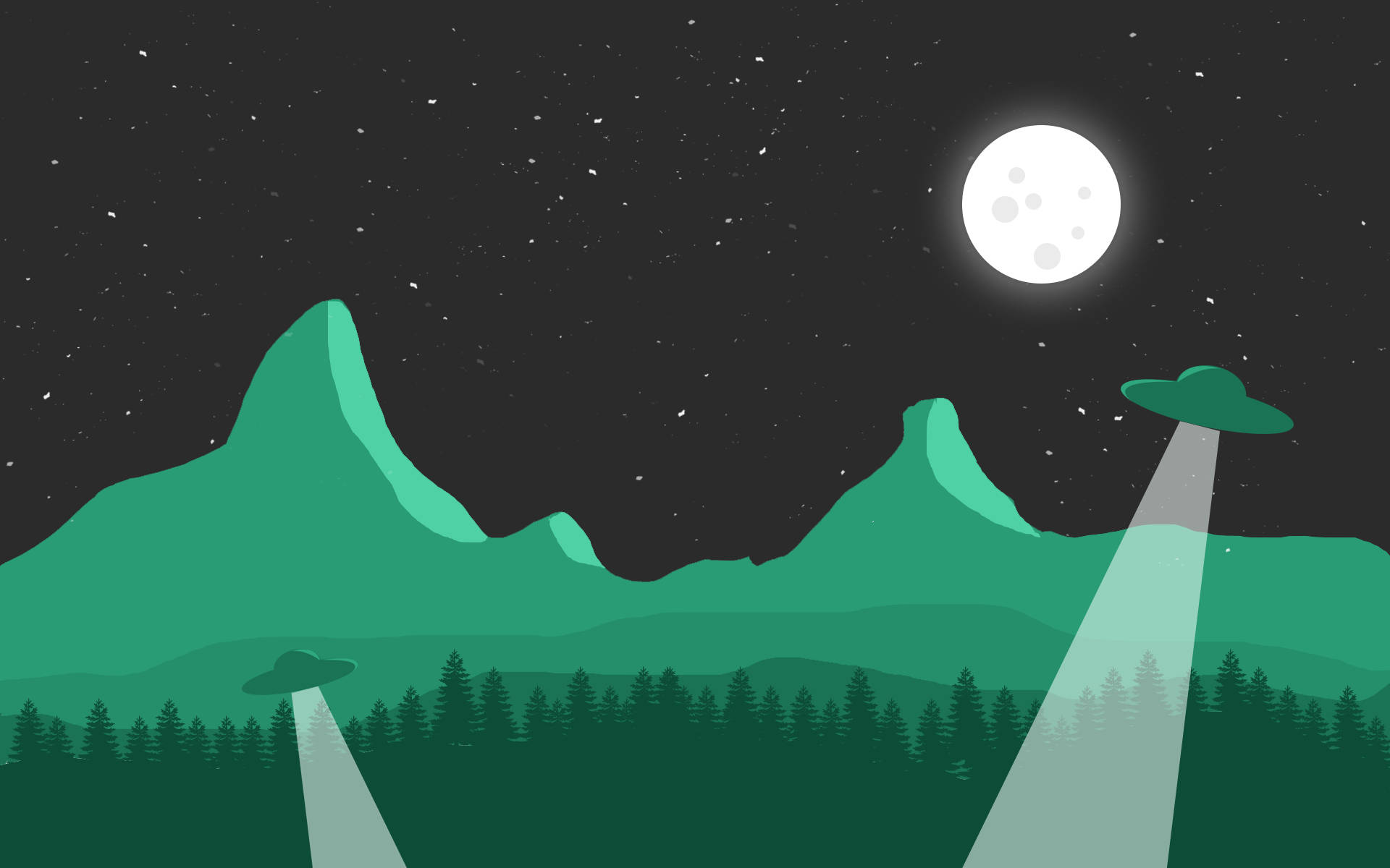 幽浮 桌布 壁紙 — 兩架UFO在滿月星空下的森林山脈上空盤旋。