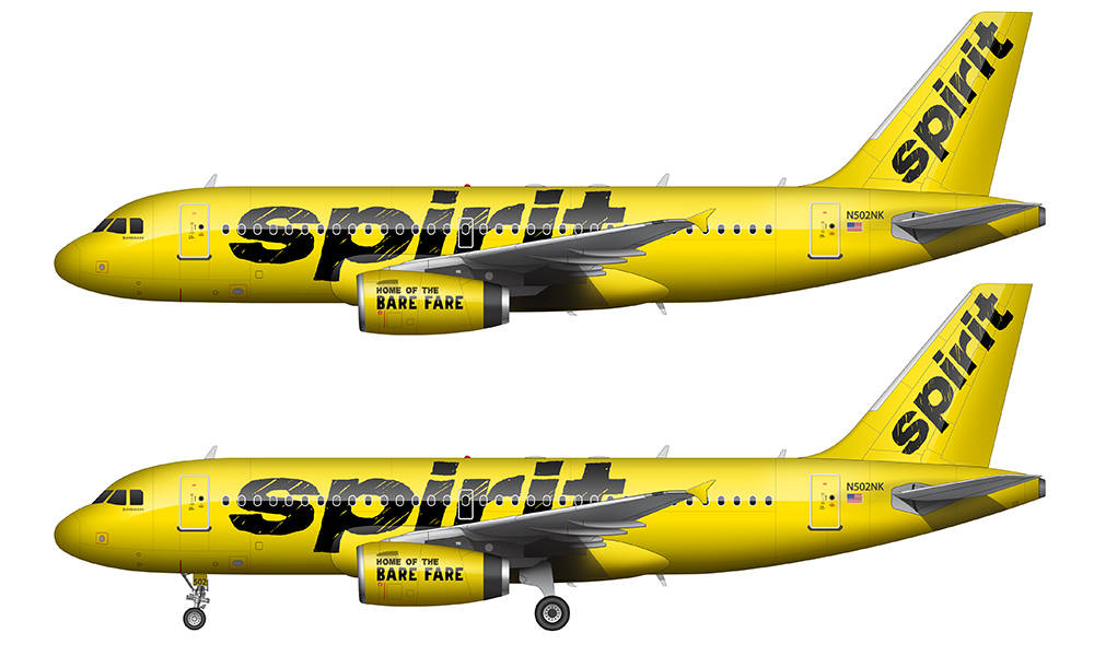 飛機 桌布 壁紙 — 兩架亮黃色的Spirit Airlines飛機以側面輪廓展示，起落架放下，背景為白色。