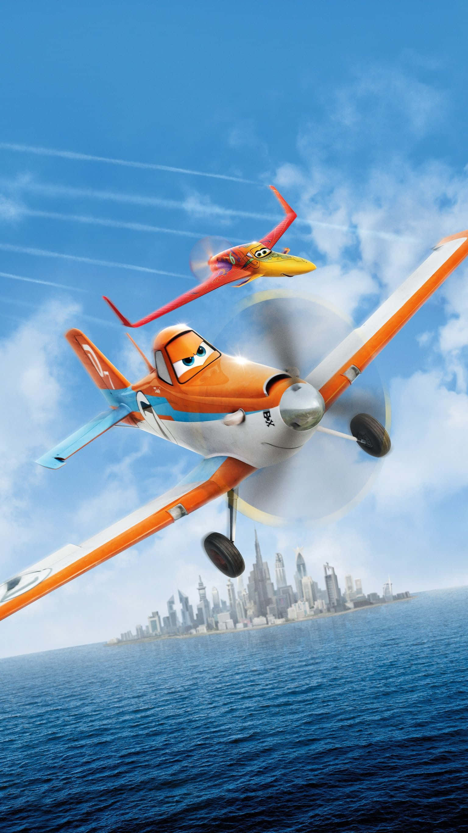 Animated 桌布 壁紙 — 兩架動畫飛機在明亮的藍天下翱翔於海洋之上，下方是城市天際線。