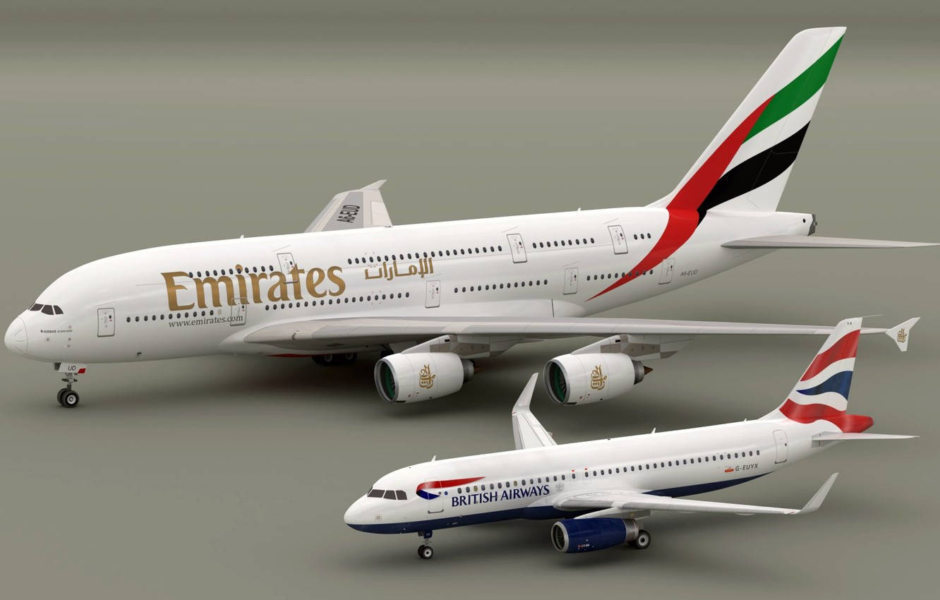 toys 桌布 壁紙 — 兩架商用客機阿聯酋航空A380和英國航空波音787並排展示在一個中性攝影棚地板上。