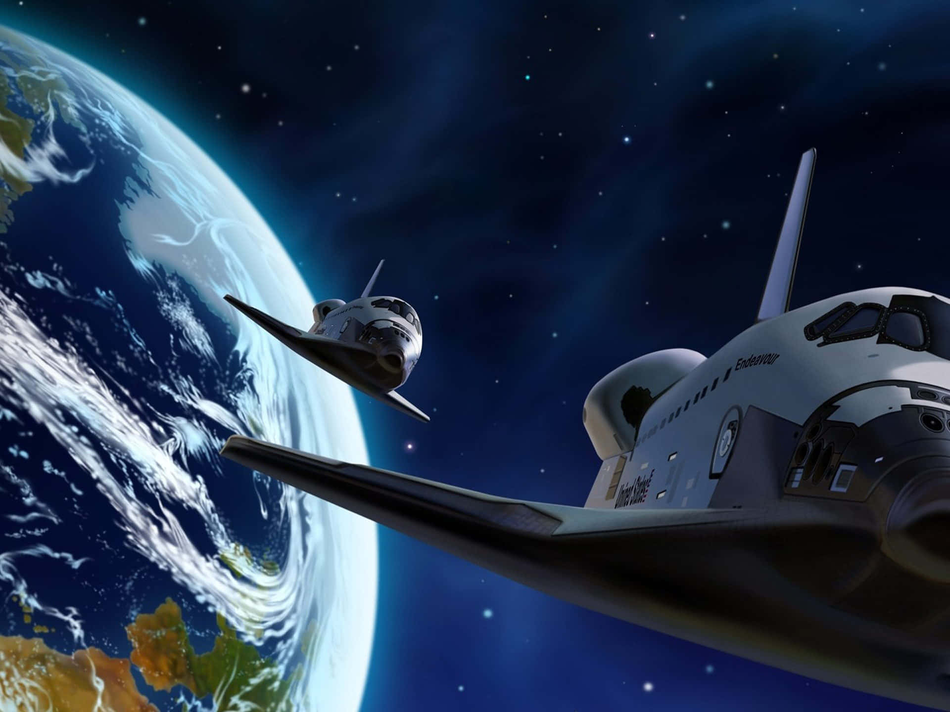 Interstellar Travel 桌布 壁紙 — 兩架太空梭在星空宇宙背景下，翱翔於地球彎曲的藍綠色表面之上。